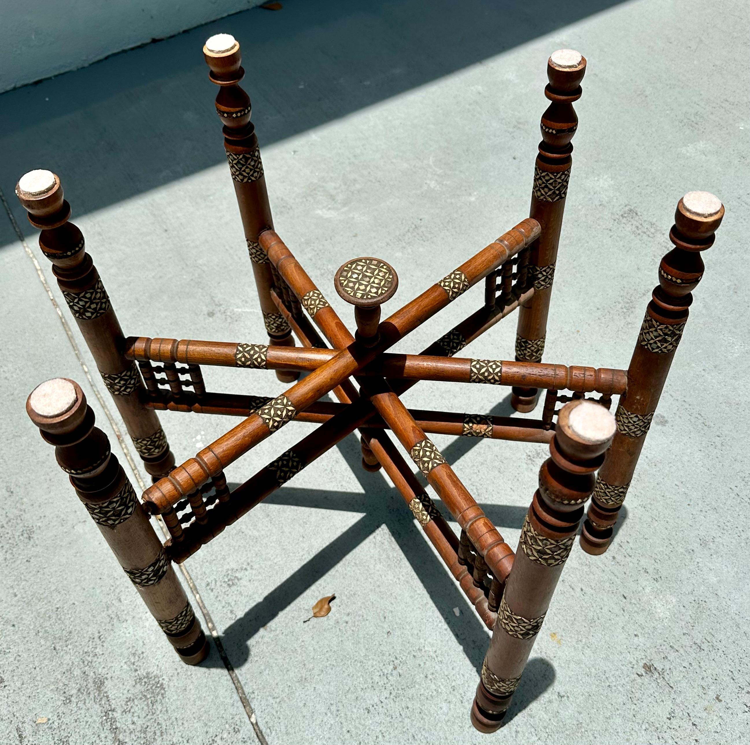 Moorish Inlaid Six-Legged Folding Side Table and Brass Tray Top. For Sale 2