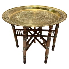 Moorish Inlaid Six-Legged Folding Side Table and Brass Tray Top.