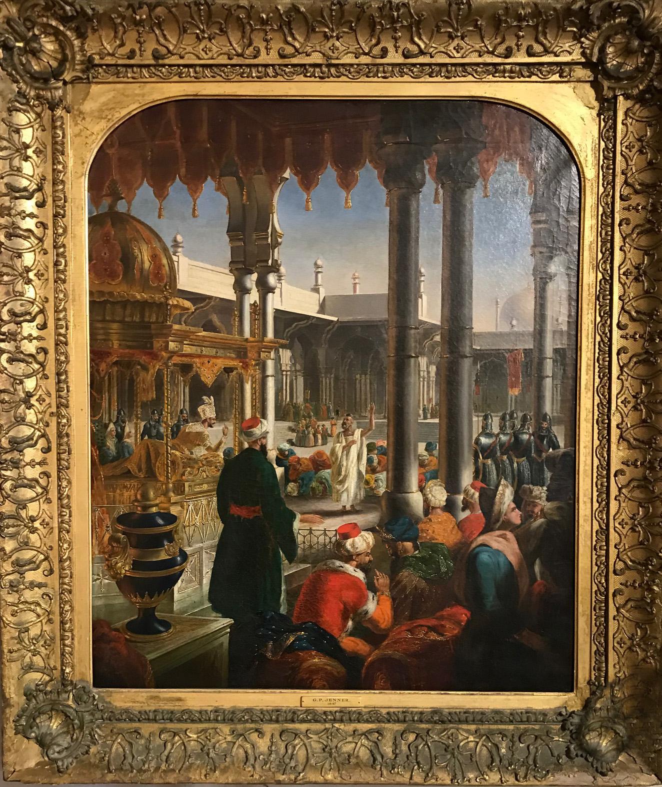 A pair of paintings by English artist, G.P. Jenner (active circa 1830-1850): Moorish Interior Scenes: Finely detailed and exquisitely
executed by the artist, one depicting a wedding and the other an orator or petitioner in a Moorish courtyard.