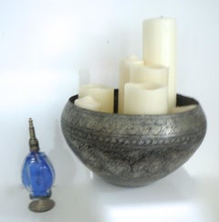 Moorish Islamic Spun Pewter Bowl Mid-1950s and Rosewater Bottle Pewter and Glass