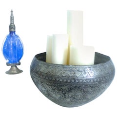 Moorish Islamic Spun Pewter Bowl Mid-1950s and Rosewater Bottle Pewter and Glass