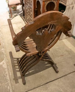 Moorish/Islamic Style Antique Folding Chair Made of Carved Wood with Marquetry