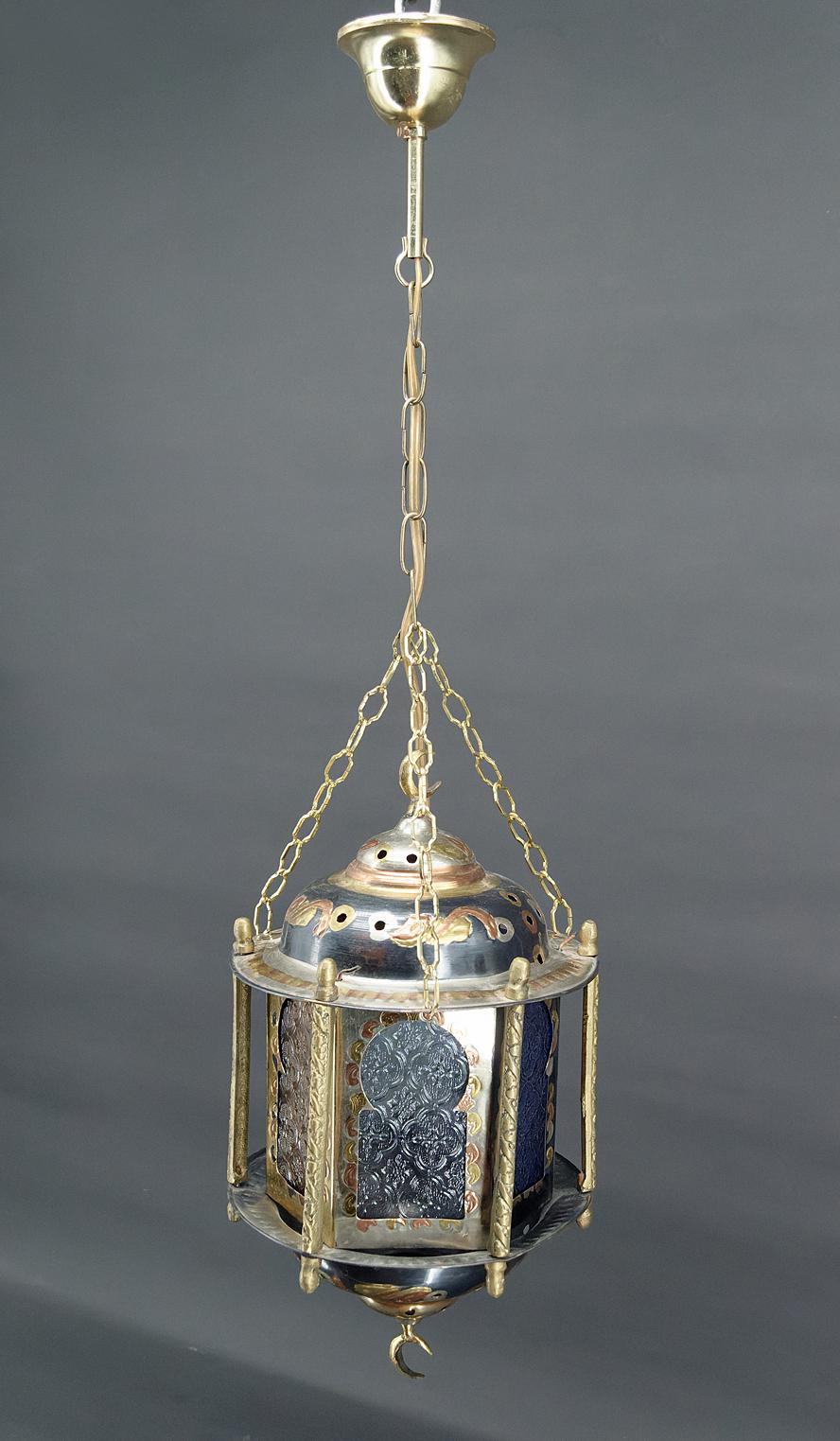 Maghreb Moorish lantern in brass and colored glass, North Africa, 20th century For Sale