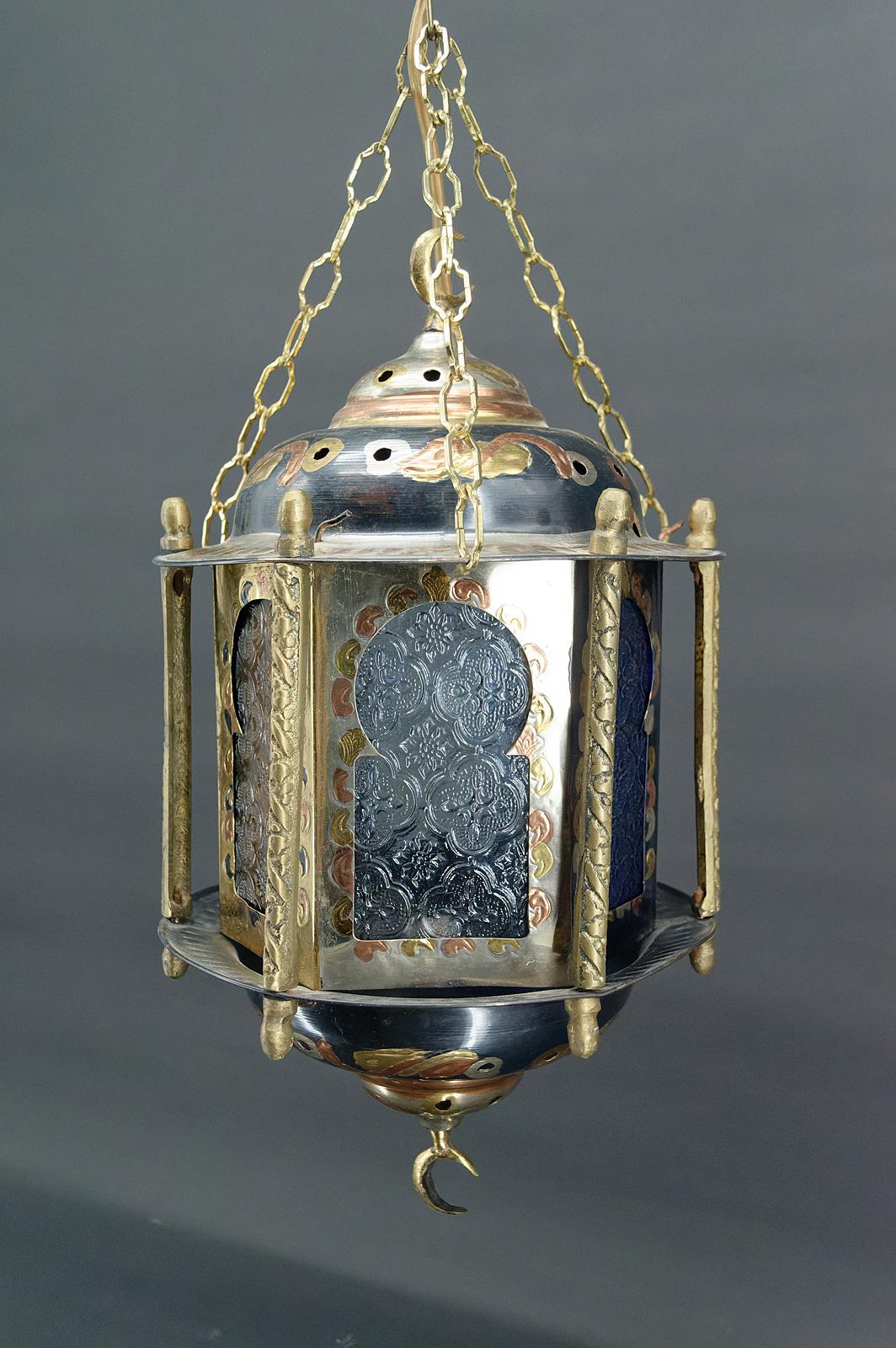 20th Century Moorish lantern in brass and colored glass, North Africa, 20th century For Sale