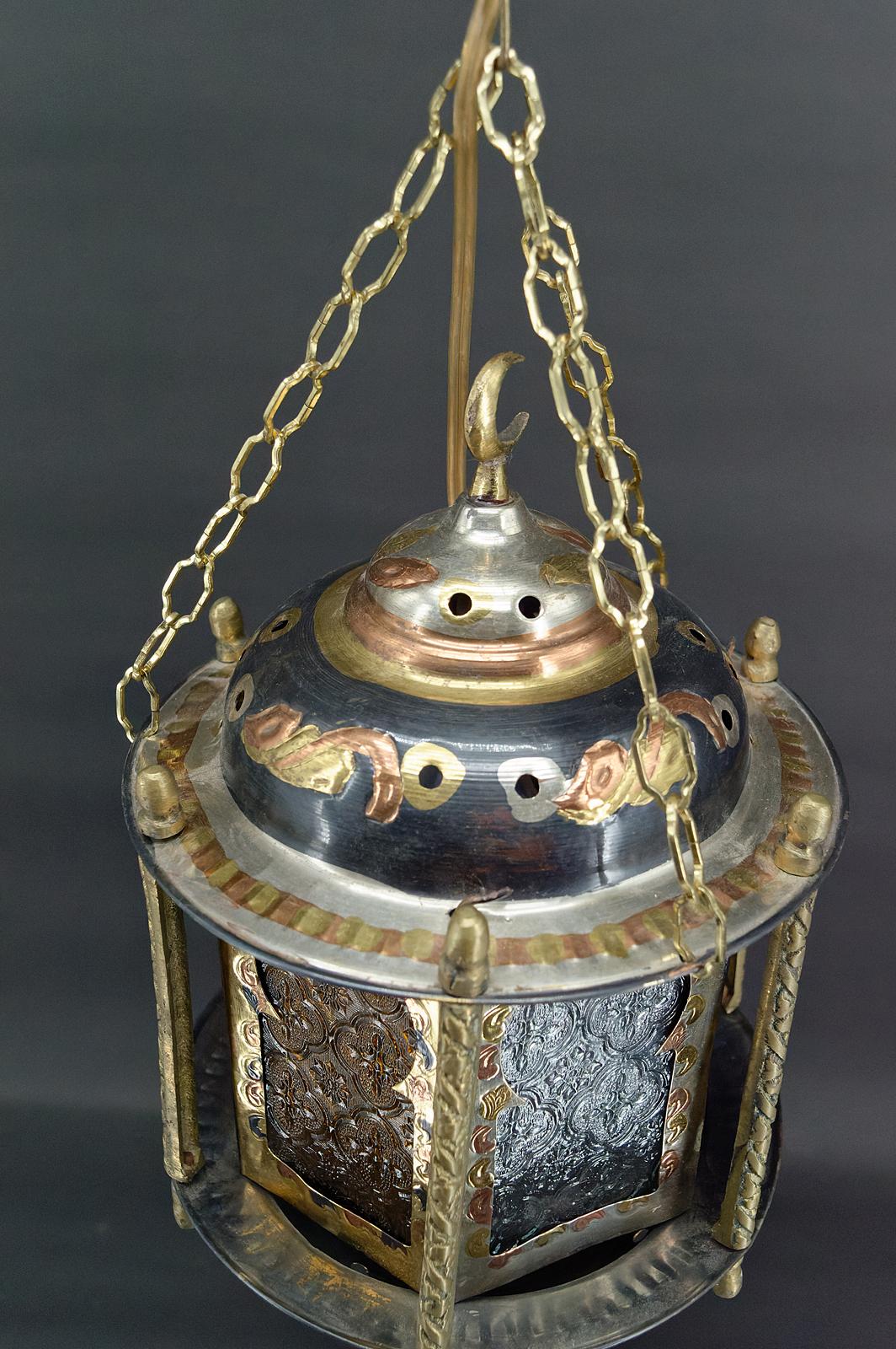 Brass Moorish lantern in brass and colored glass, North Africa, 20th century For Sale