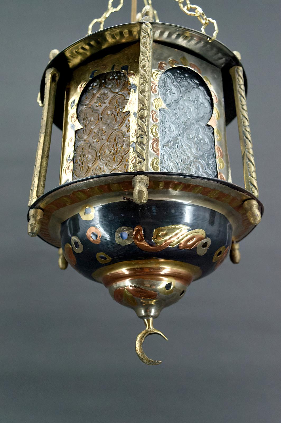 Moorish lantern in brass and colored glass, North Africa, 20th century For Sale 1