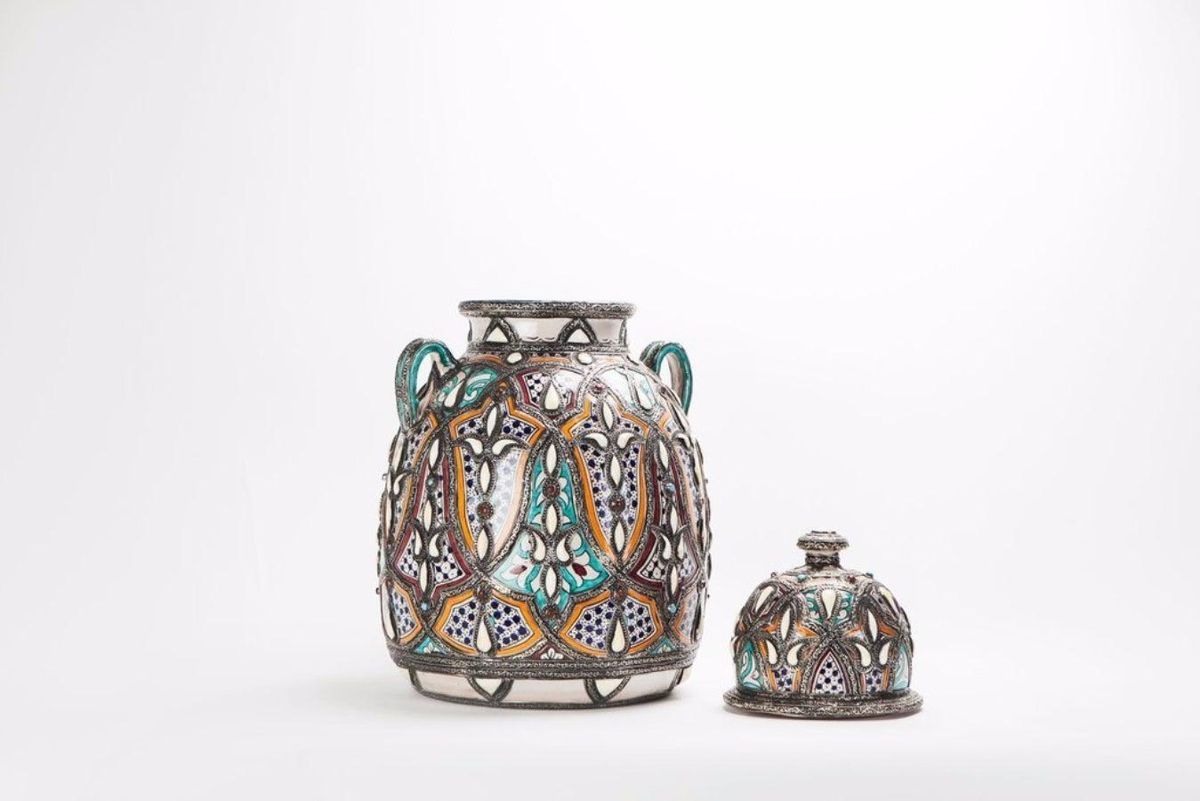 Vintage Moroccan Palatial Lidded Pottery Vase or Urn with Brass Inlay, a Pair For Sale 8