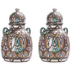 Palatial Lidded Vase or Urn in Ceramic with Brass Inlay, a Pair