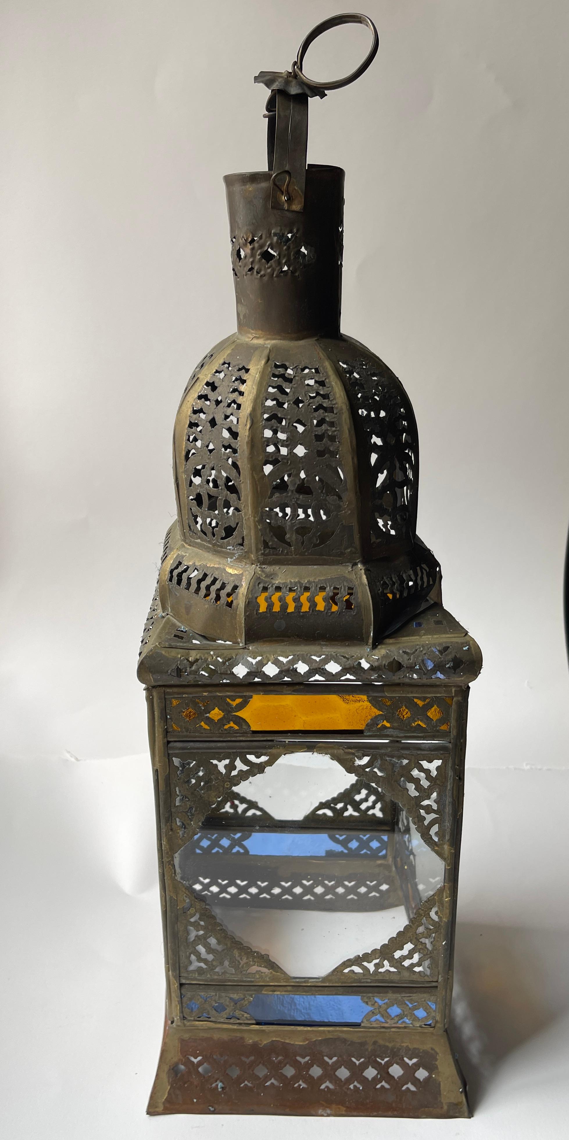 Moorish Mexican Tin And Brass Hanging Dome Lantern with Stained Glass Panels For Sale 5