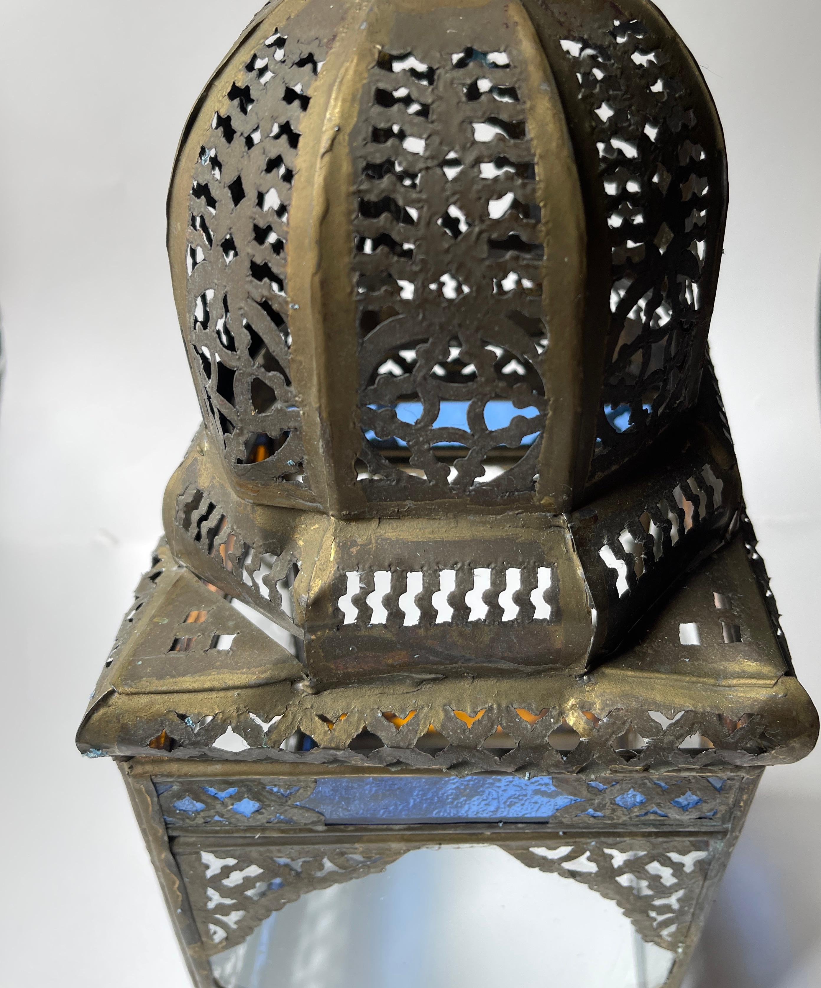 Metalwork Moorish Mexican Tin And Brass Hanging Dome Lantern with Stained Glass Panels For Sale