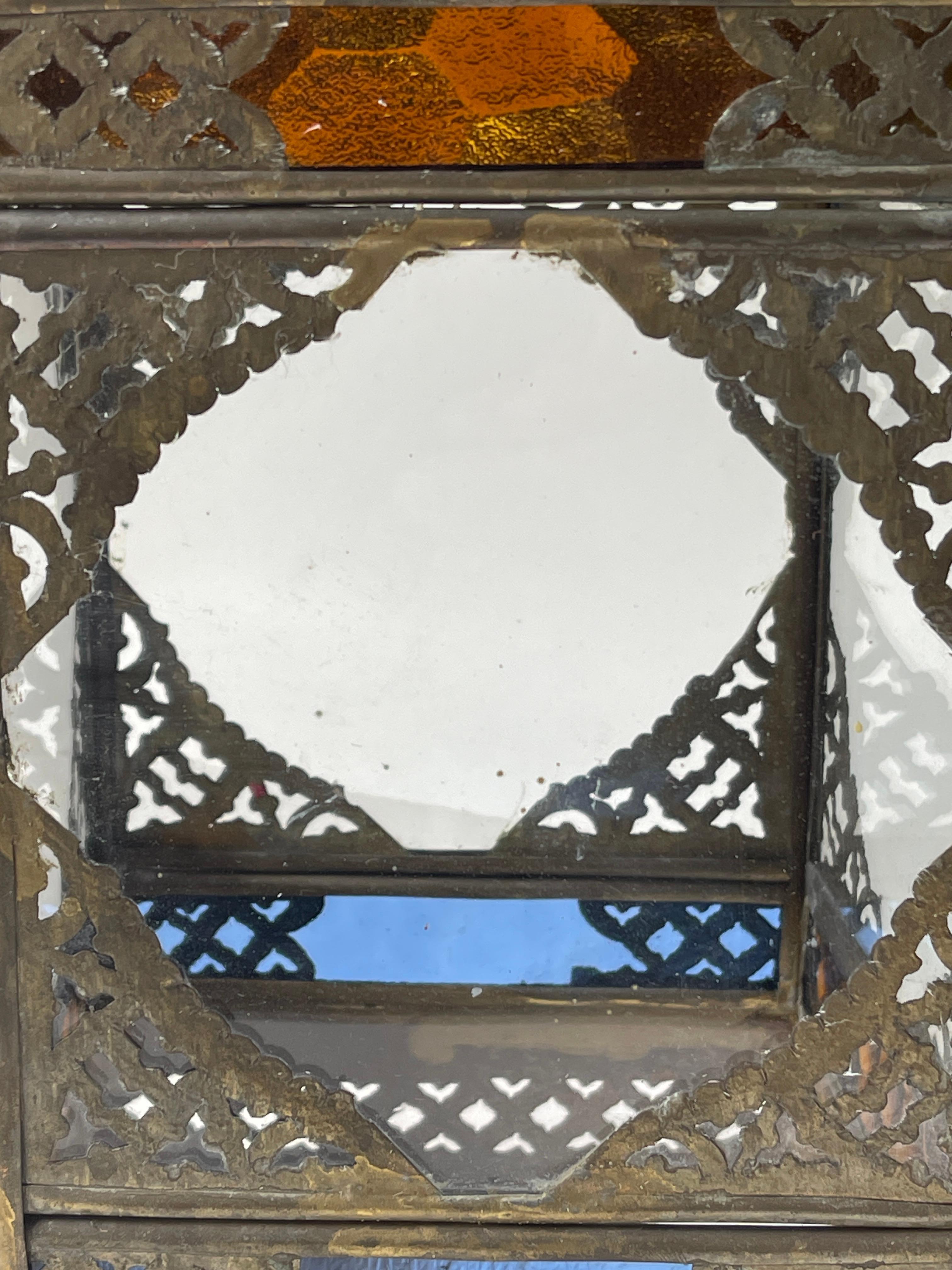 Moorish Mexican Tin And Brass Hanging Dome Lantern with Stained Glass Panels In Fair Condition For Sale In New York, NY