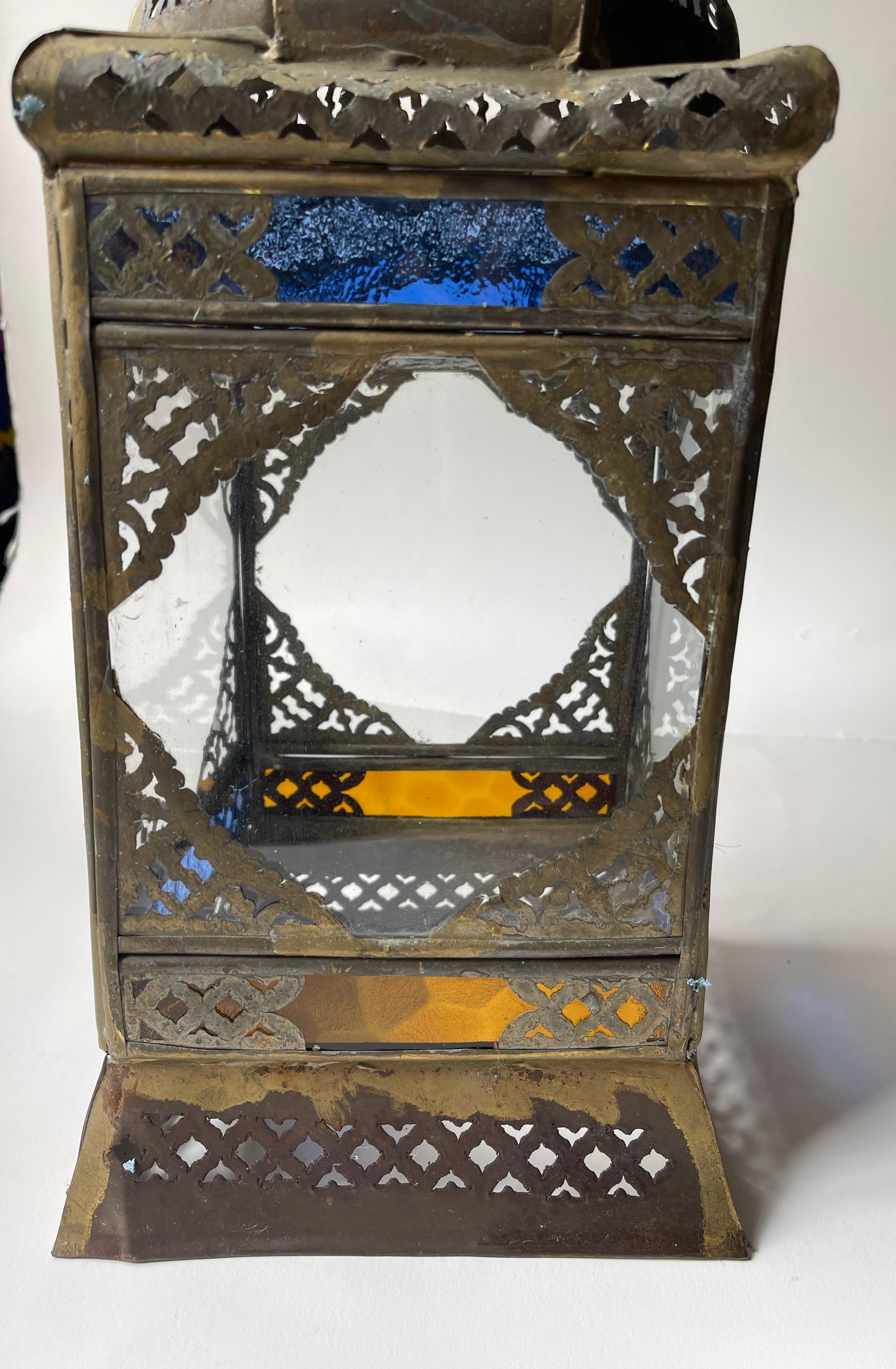 20th Century Moorish Mexican Tin And Brass Hanging Dome Lantern with Stained Glass Panels For Sale