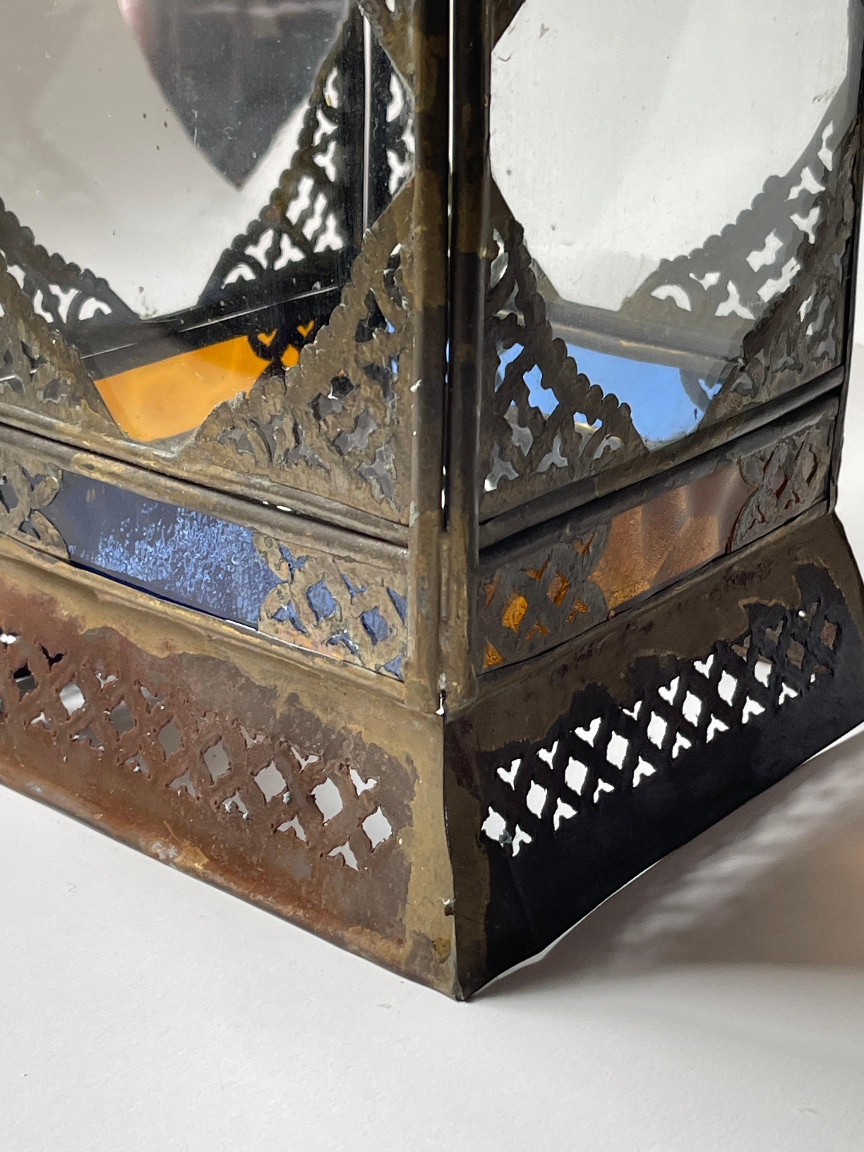 Moorish Mexican Tin And Brass Hanging Dome Lantern with Stained Glass Panels For Sale 2