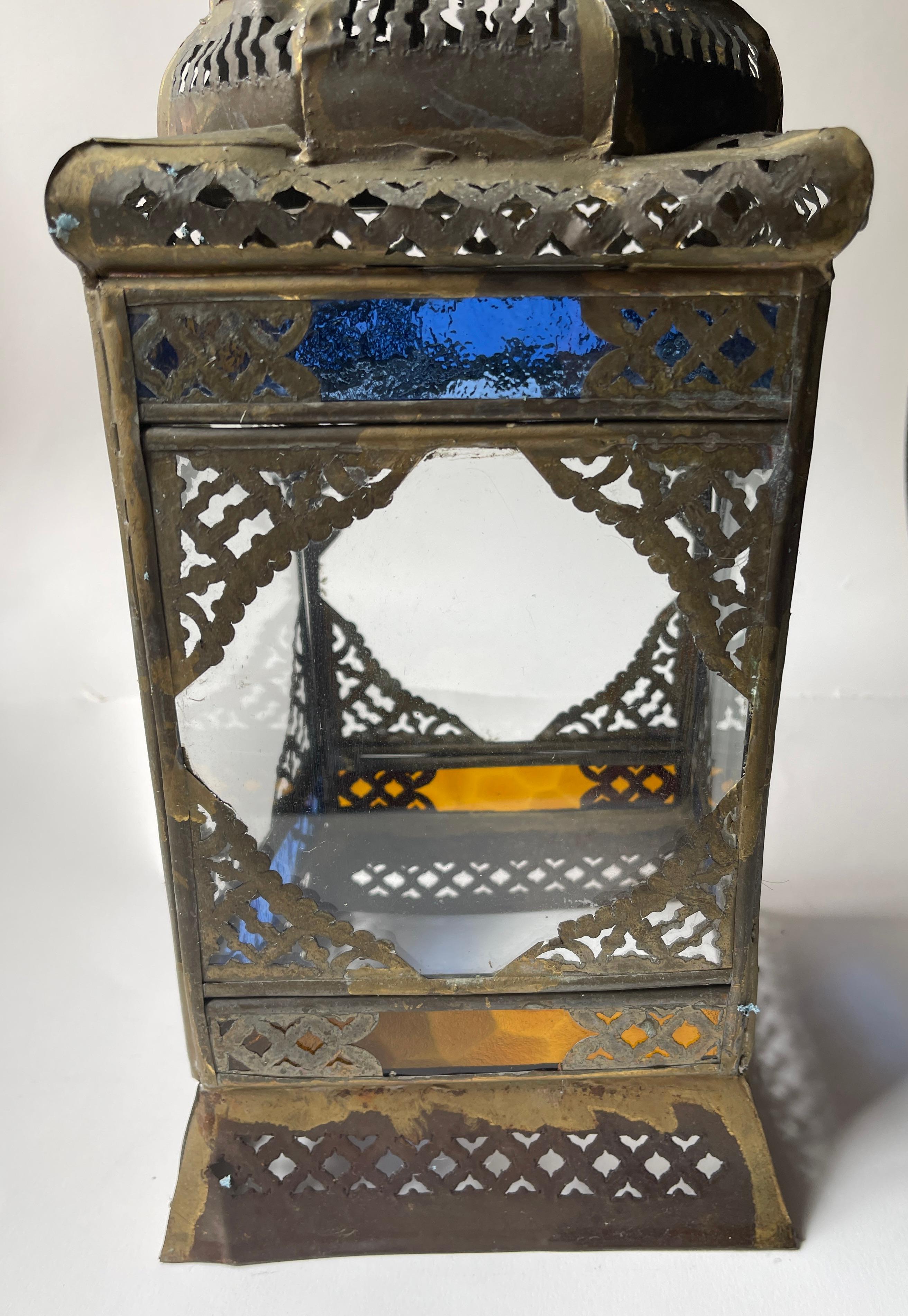 Moorish Mexican Tin And Brass Hanging Dome Lantern with Stained Glass Panels For Sale 3