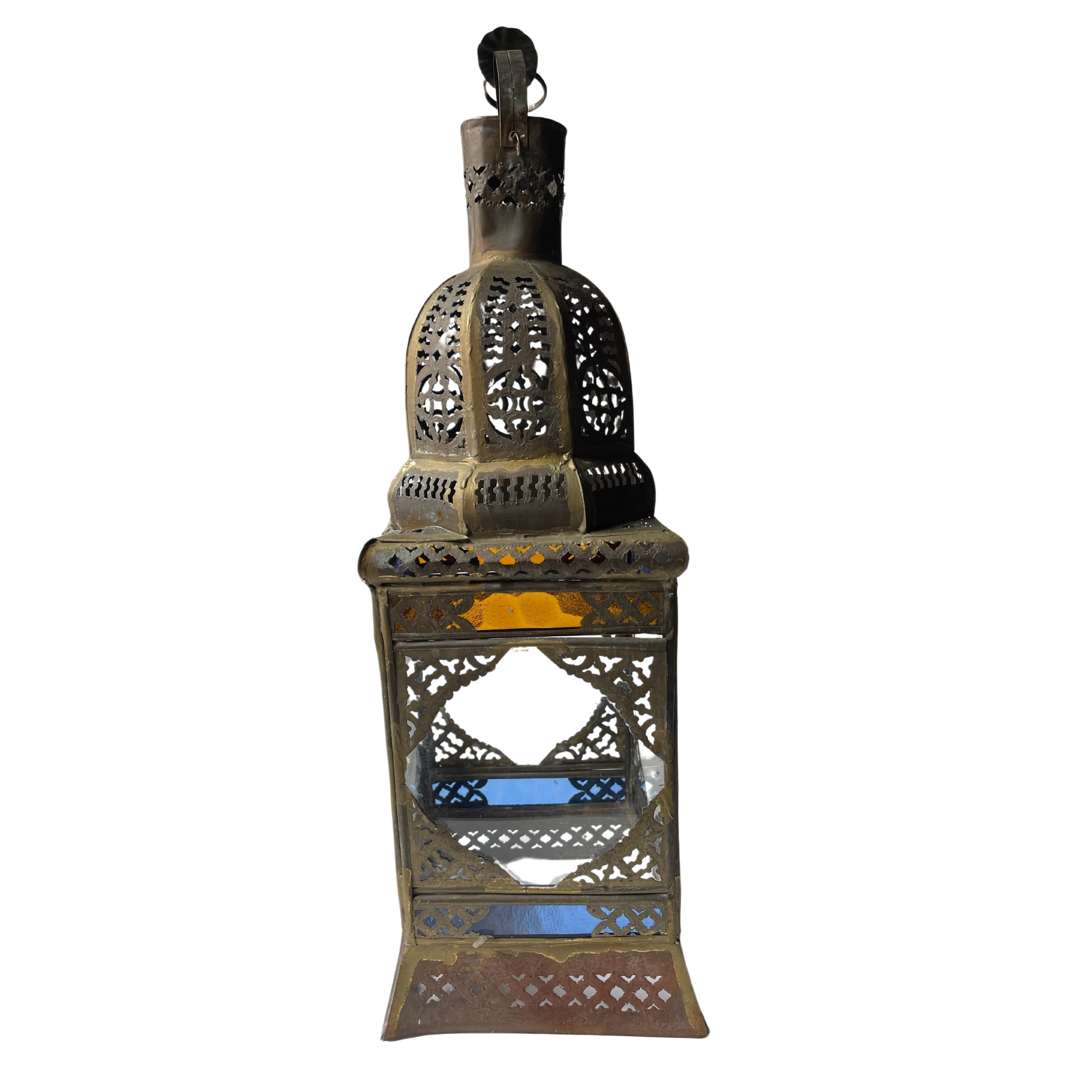 Moorish Mexican Tin And Brass Hanging Dome Lantern with Stained Glass Panels For Sale