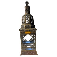 Moorish Mexican Tin And Brass Hanging Dome Lantern with Stained Glass Panels