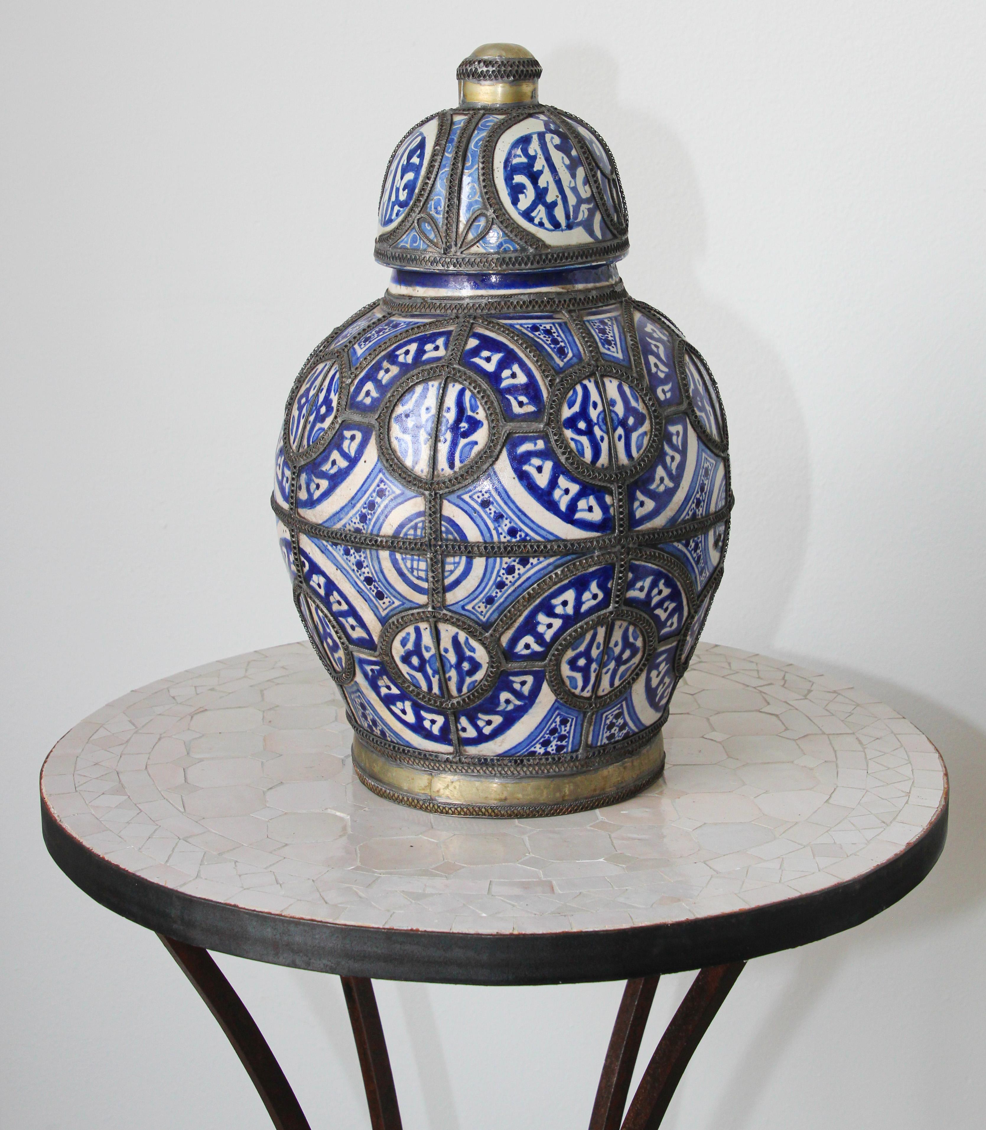 Moorish Moroccan Blue and White Ceramic Vase from Fez 2