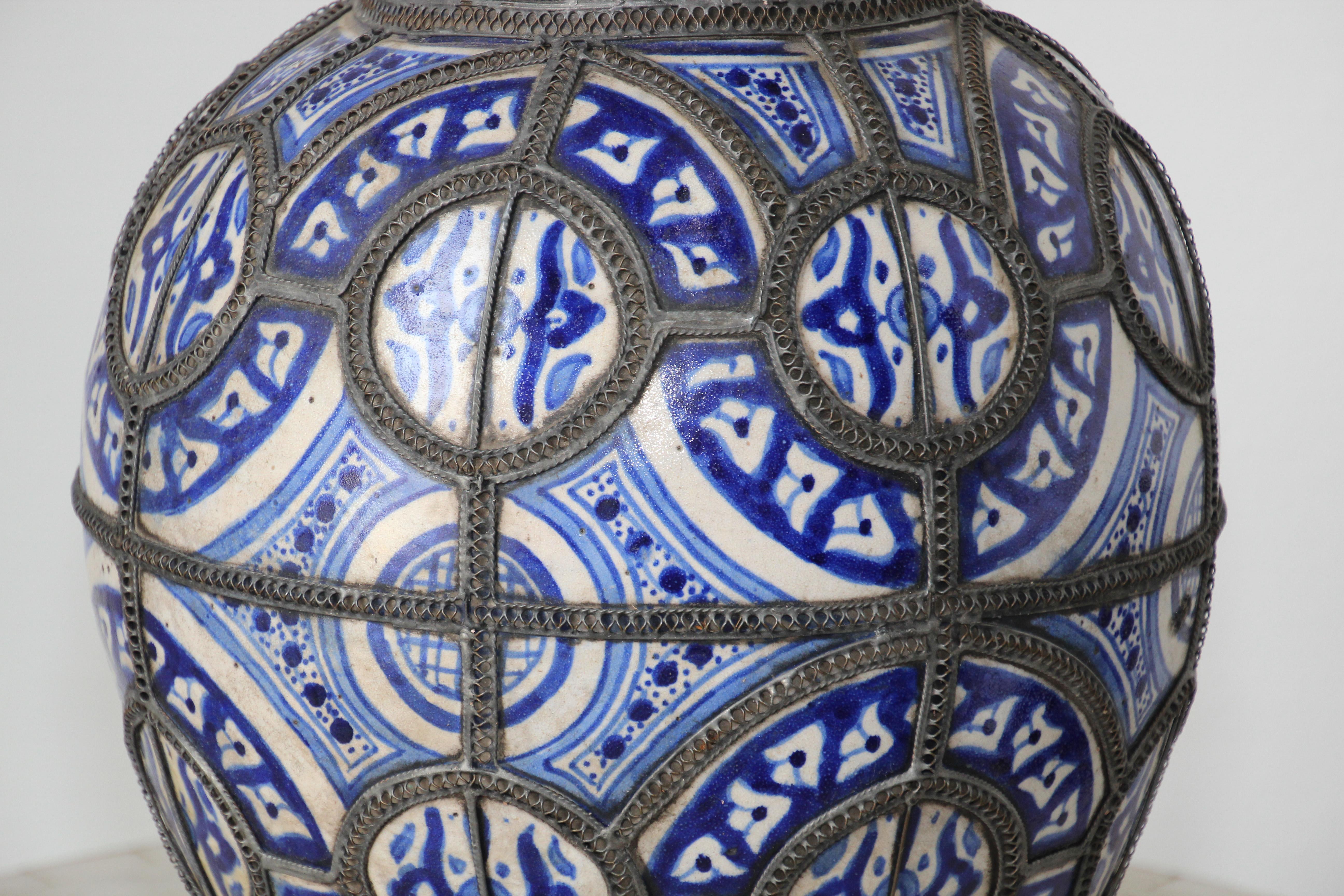 Moorish Moroccan Blue and White Ceramic Vase from Fez 4
