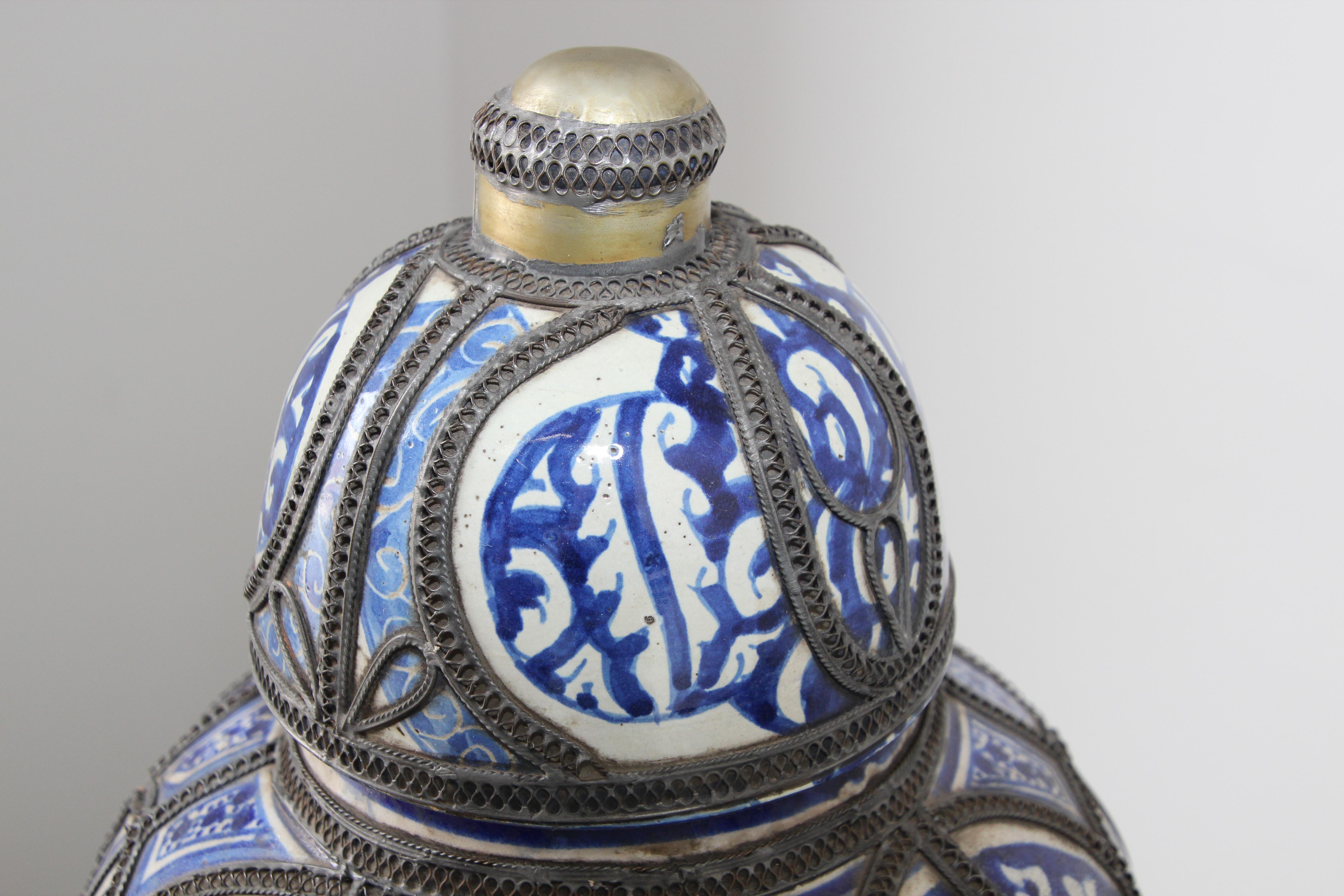 Moorish Moroccan Blue and White Ceramic Vase from Fez 10