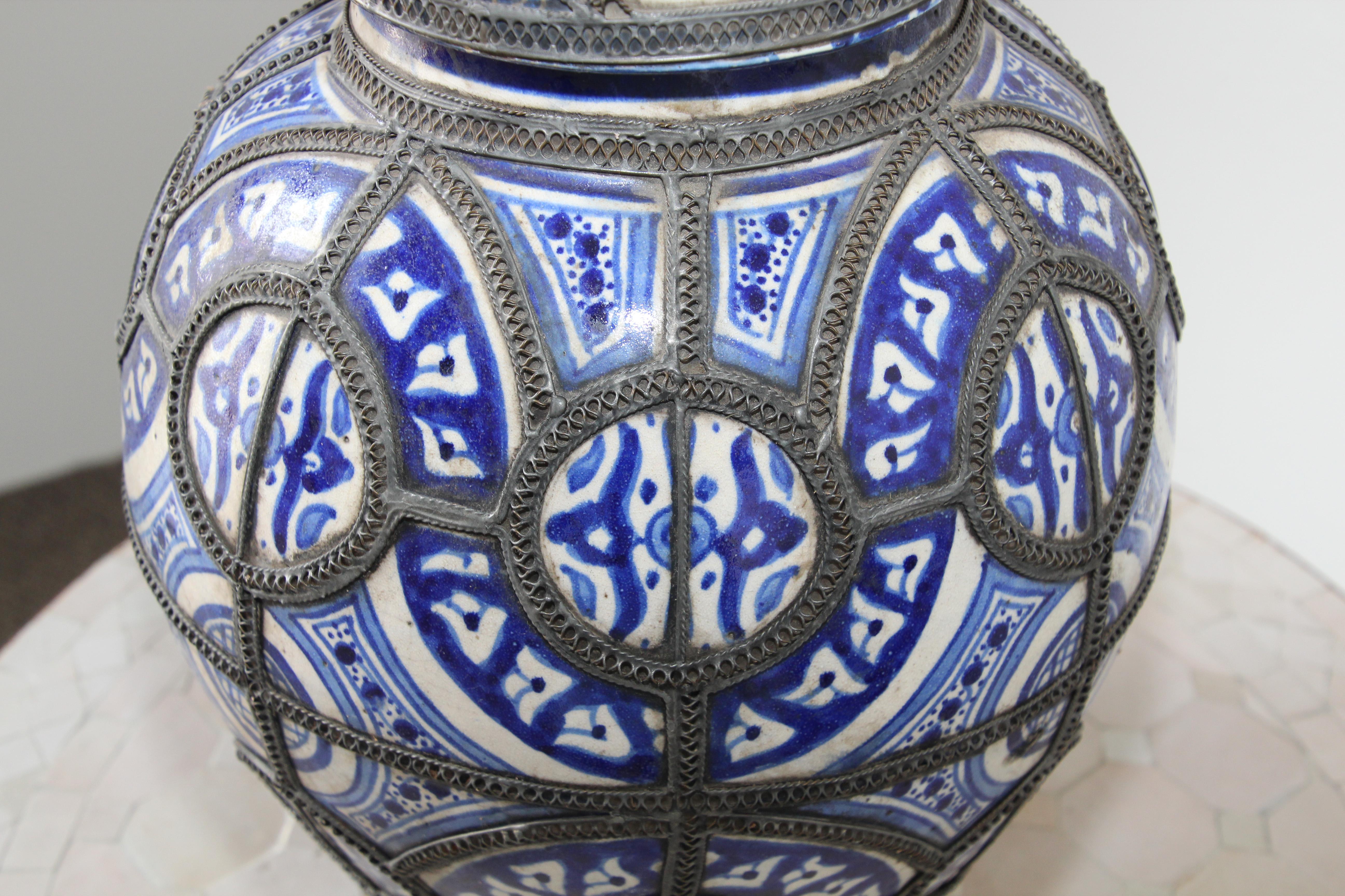 Moorish Moroccan Blue and White Ceramic Vase from Fez 11