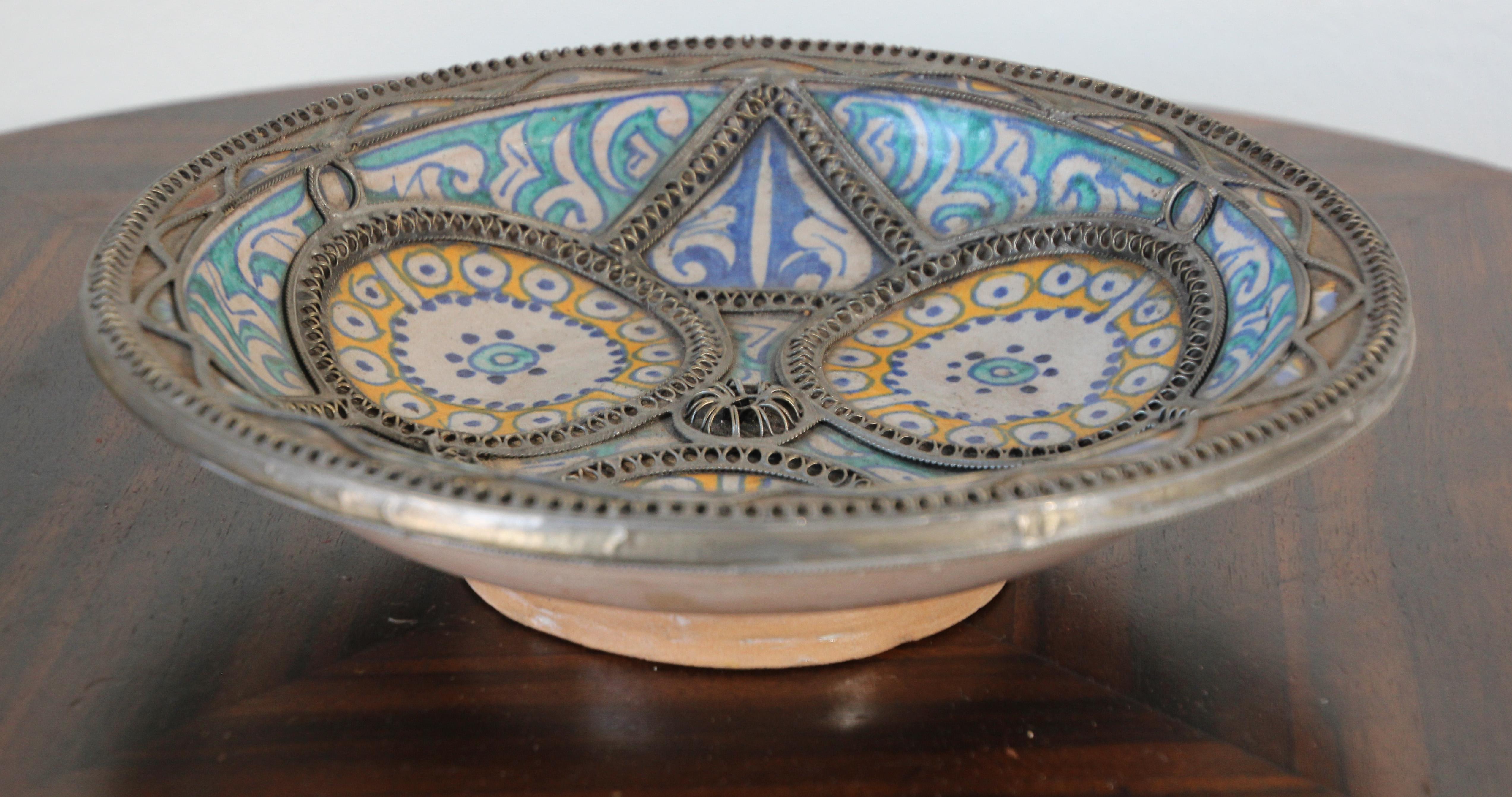 20th Century Antique Moroccan Ceramic Bowl Adorned with Moorish Silver Filigree from Fez For Sale