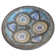 Moorish Moroccan Ceramic Bowl Adorned with Silver Filigree from Fez