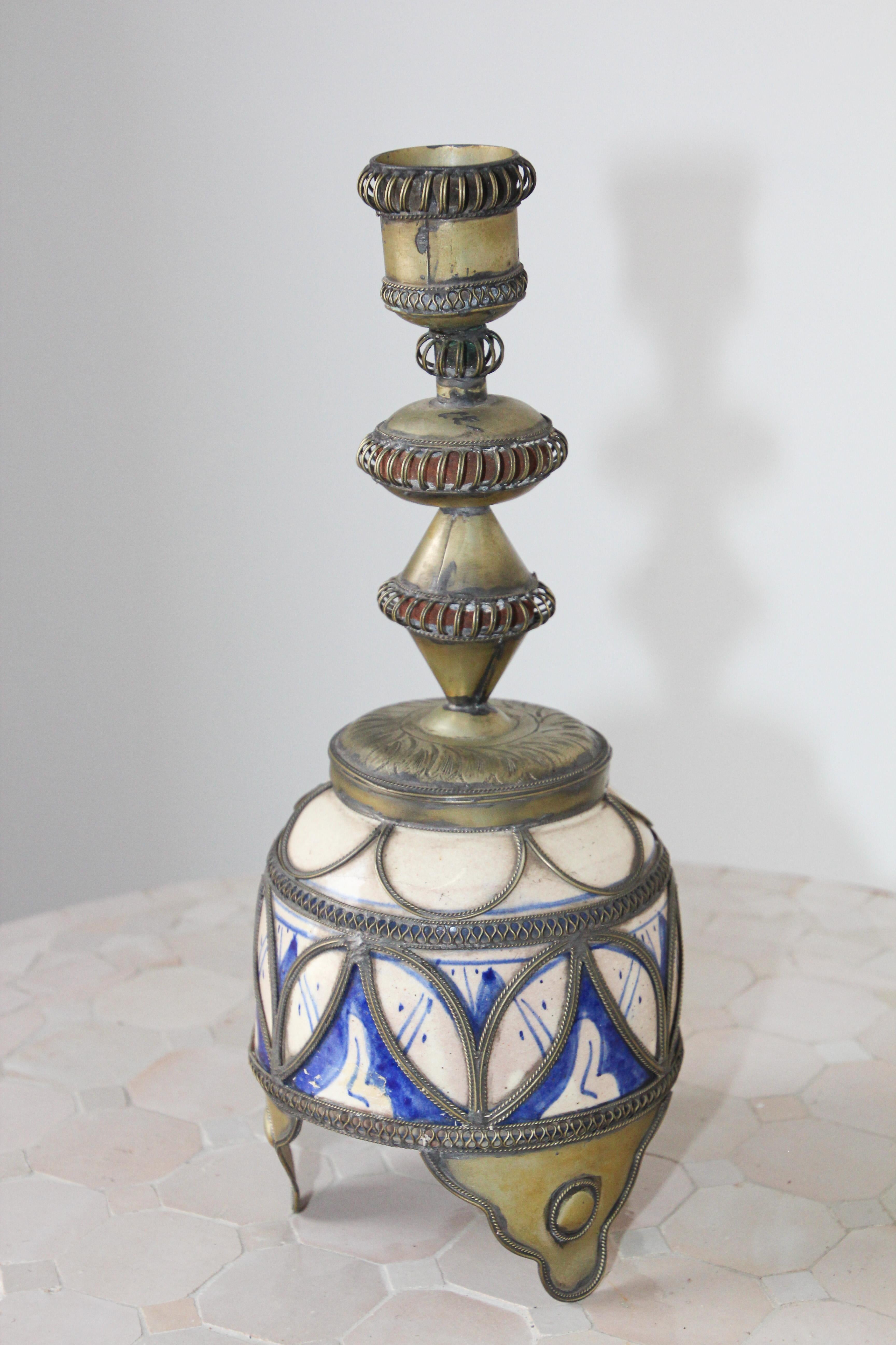 Hand-Crafted Moorish Moroccan Ceramic Candlestick from Fez with Silver Filigree