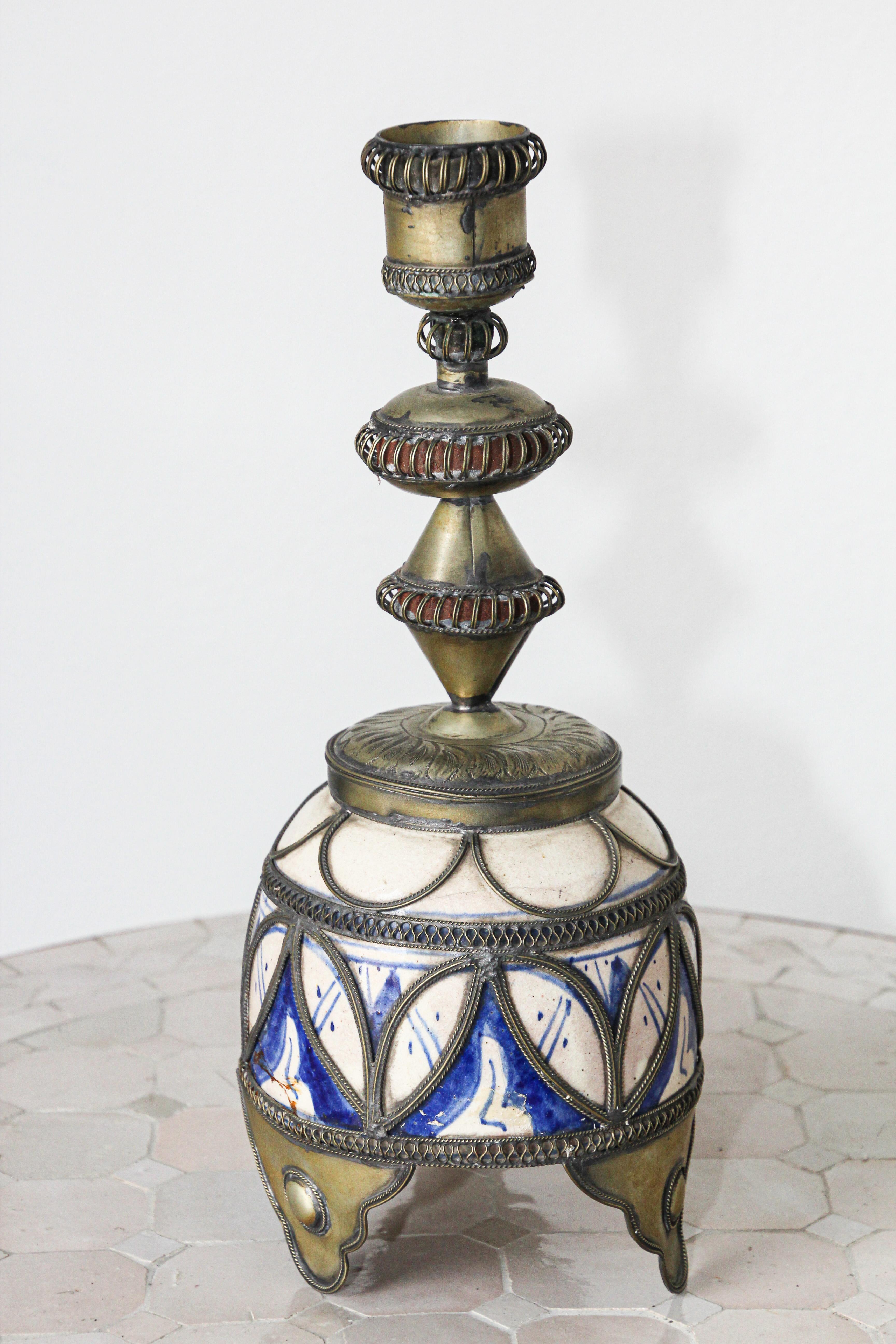 20th Century Moorish Moroccan Ceramic Candlestick from Fez with Silver Filigree