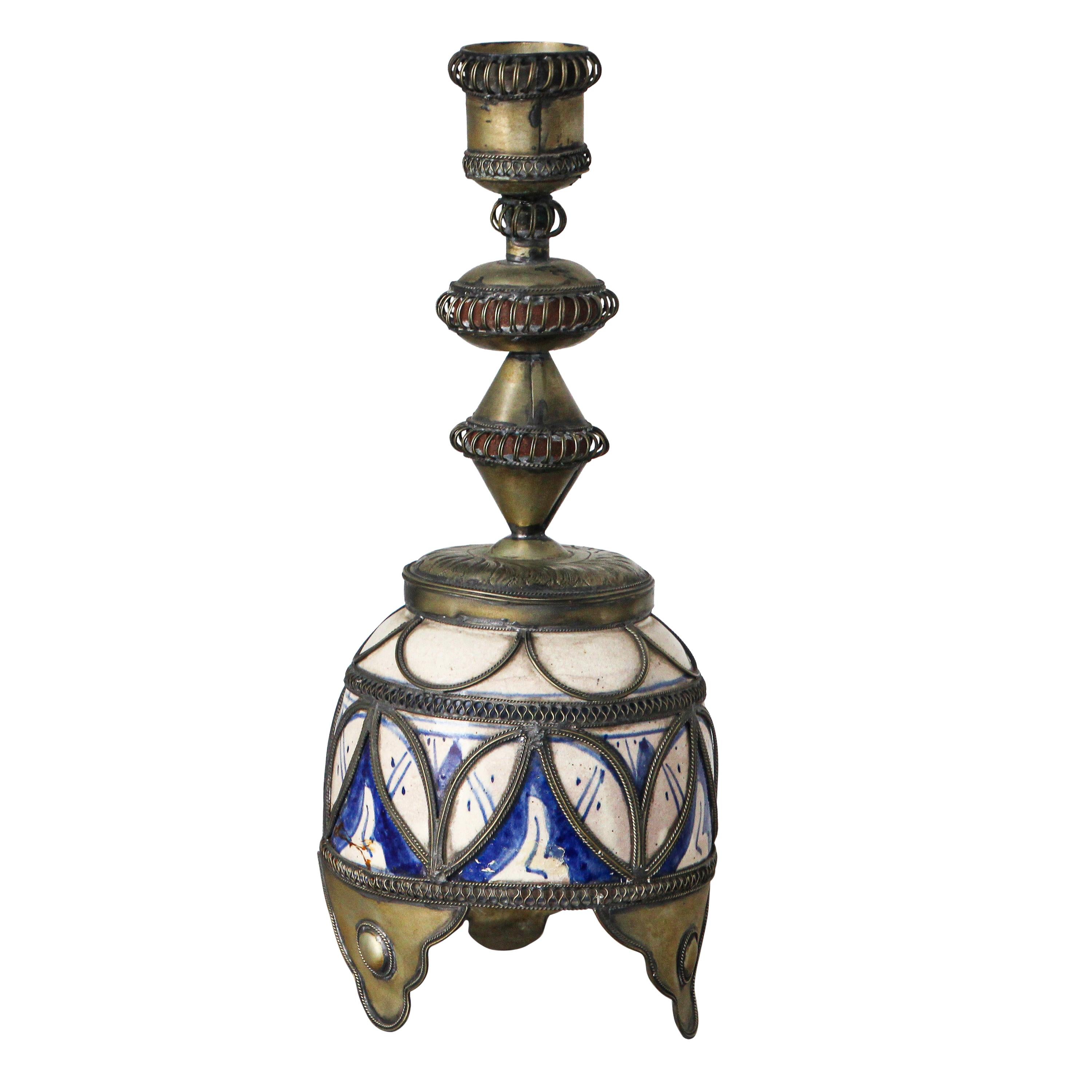 Moorish Moroccan Ceramic Candlestick from Fez with Silver Filigree
