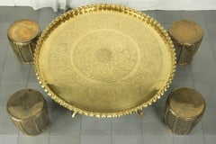 1950's Campaign Brass Tray Coffee Table with 4 Brass Stools