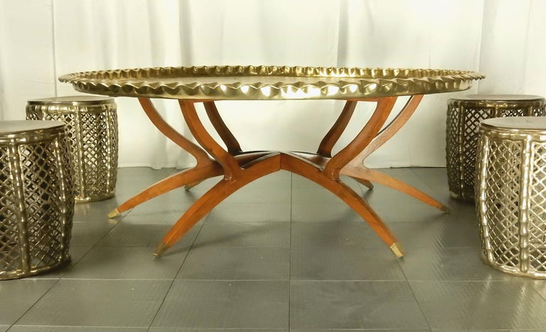 Bohemian Campaign Brass Tray Coffee Table with 4 Brass Stools In Good Condition For Sale In Las Vegas, NV