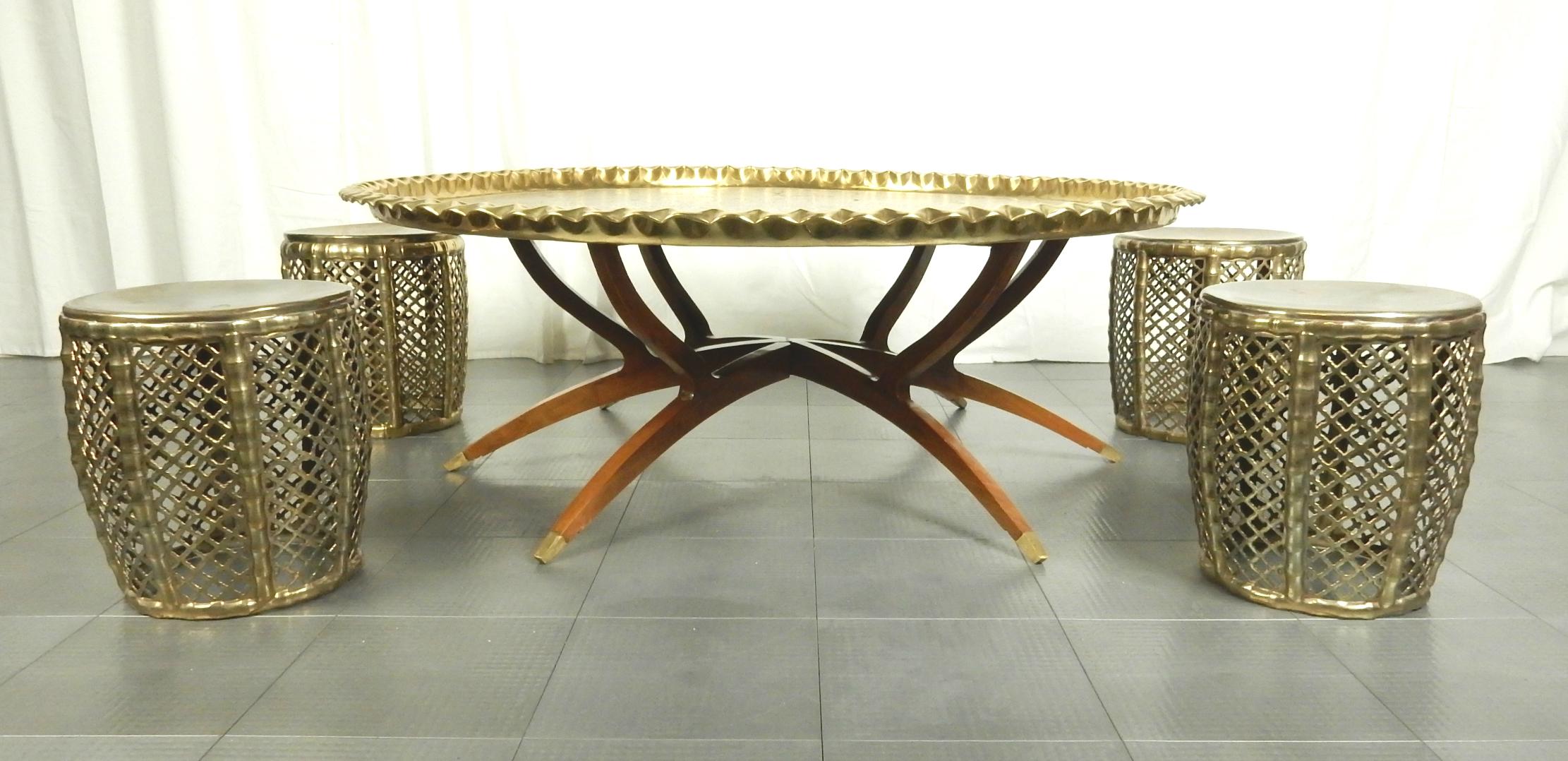 Indian 1950's Campaign Brass Tray Coffee Table with 4 Brass Stools For Sale