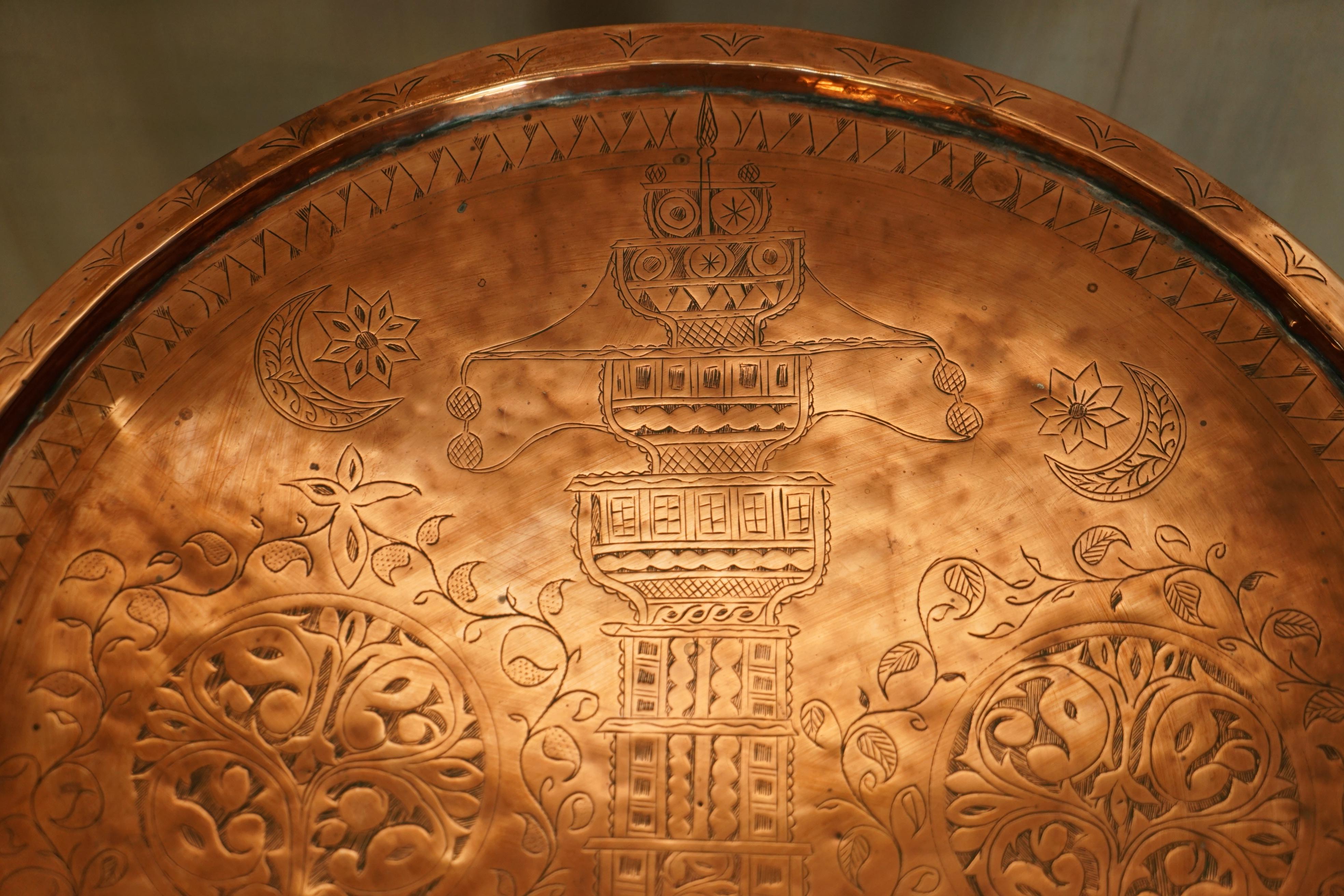 Early 20th Century Moorish Moroccan Liberty's London Brass Folding Tray Table Engraved Temple Top