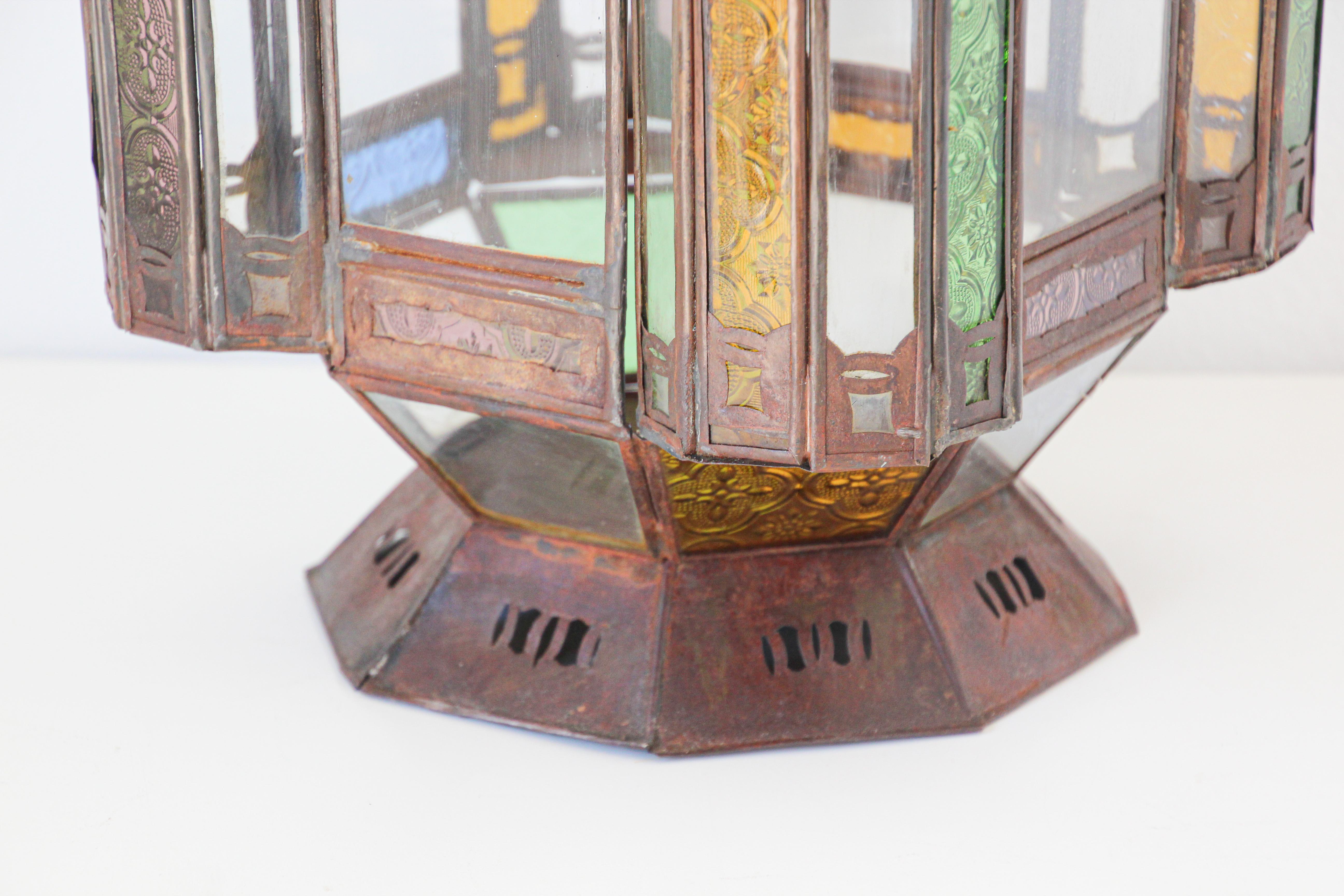 20th Century Moorish Moroccan Metal and Glass Candle Lantern