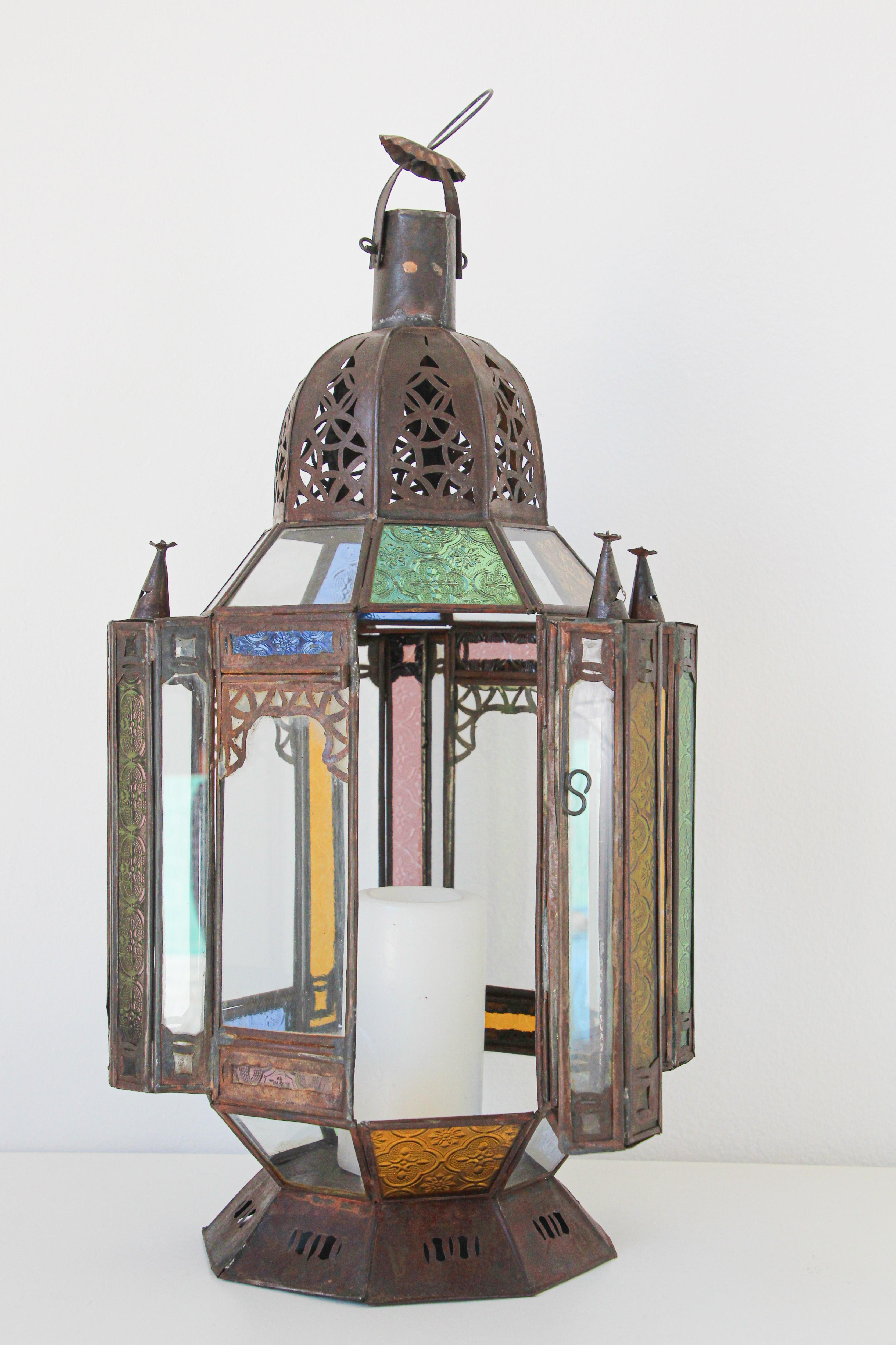 Moorish Moroccan Metal and Glass Candle Lantern 1
