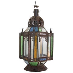 Vintage Moorish Moroccan Metal and Glass Candle Lantern