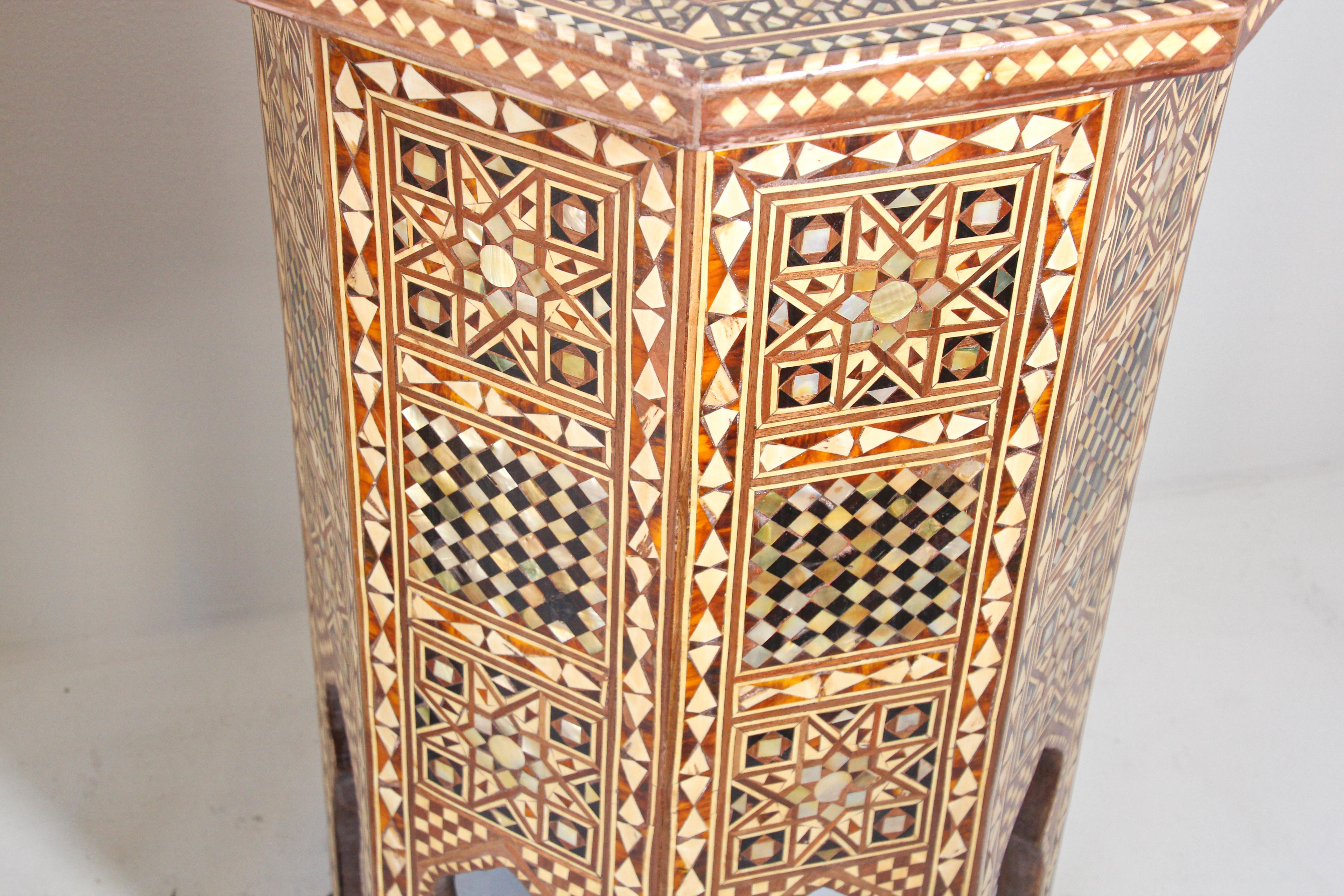 Fruitwood Moorish Moroccan Octagonal Pedestal Tables Inlaid with Mosaic Marquetry For Sale