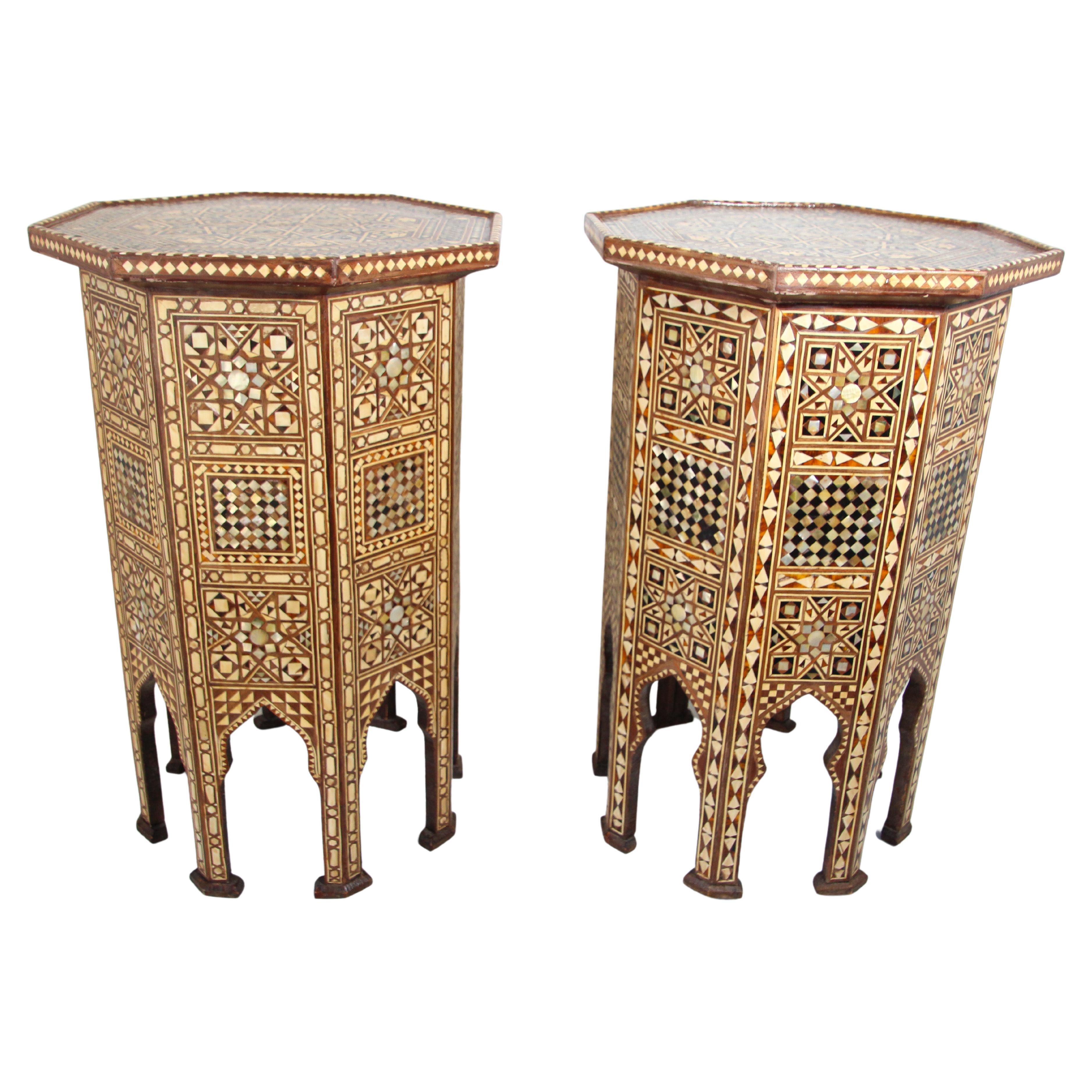 Moorish Moroccan Octagonal Pedestal Tables Inlaid with Mosaic Marquetry