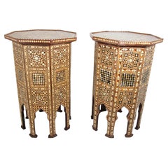 Moorish Moroccan Octagonal Pedestal Tables Inlaid with Mosaic Marquetry