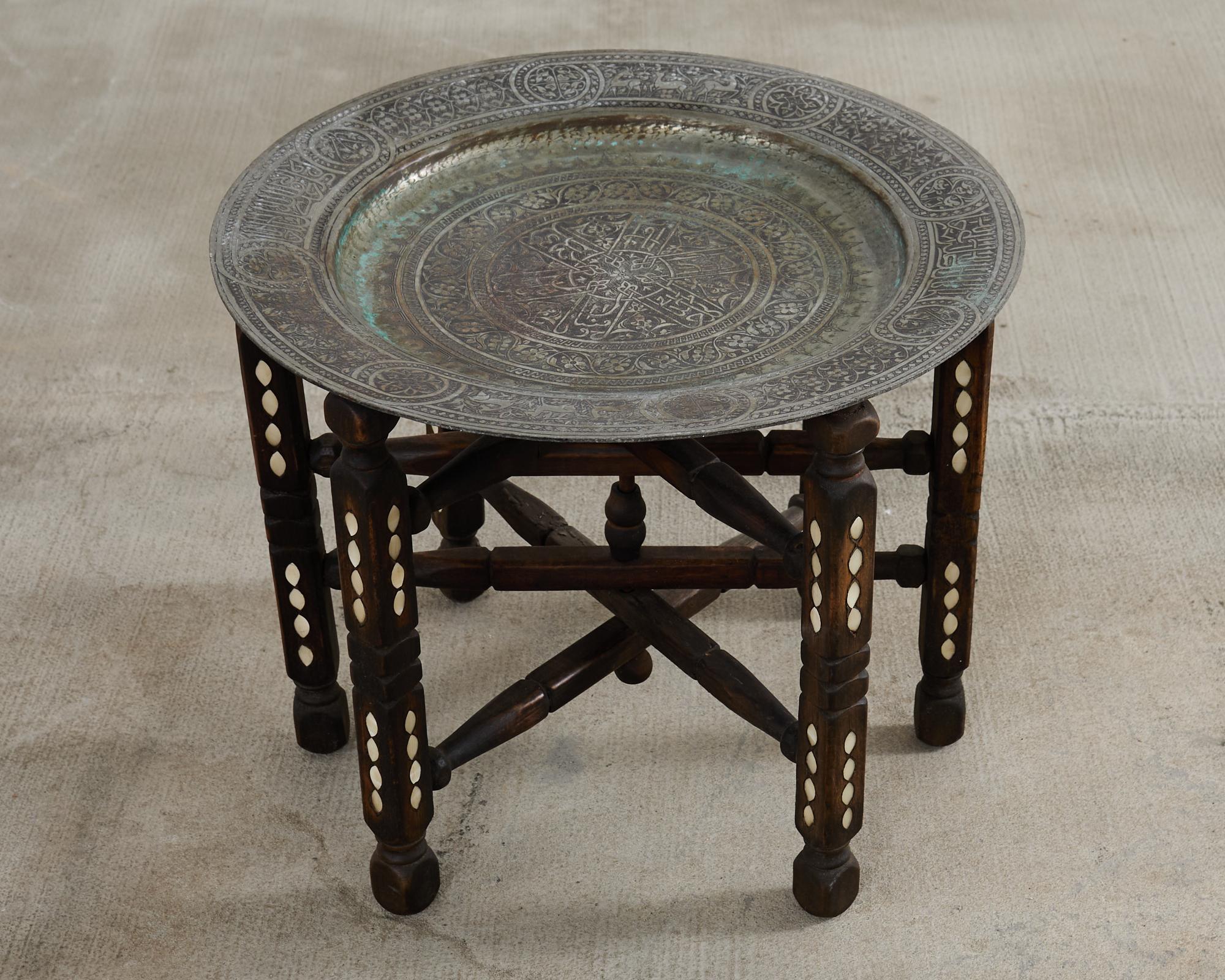 Patinated Moorish Moroccan Style Folding Brass Tray Drink Table For Sale