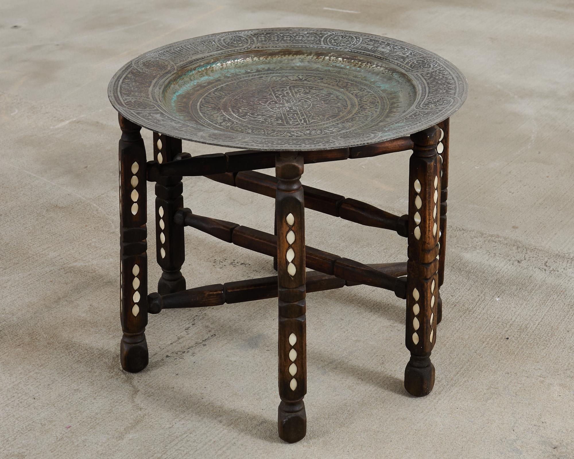 20th Century Moorish Moroccan Style Folding Brass Tray Drink Table For Sale