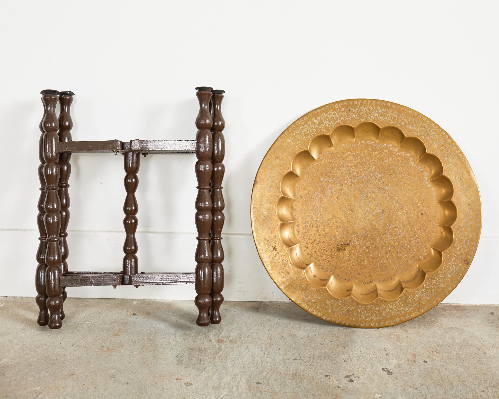 20th Century Moorish Moroccan Style Hardwood Folding Brass Tray Drinks Table For Sale