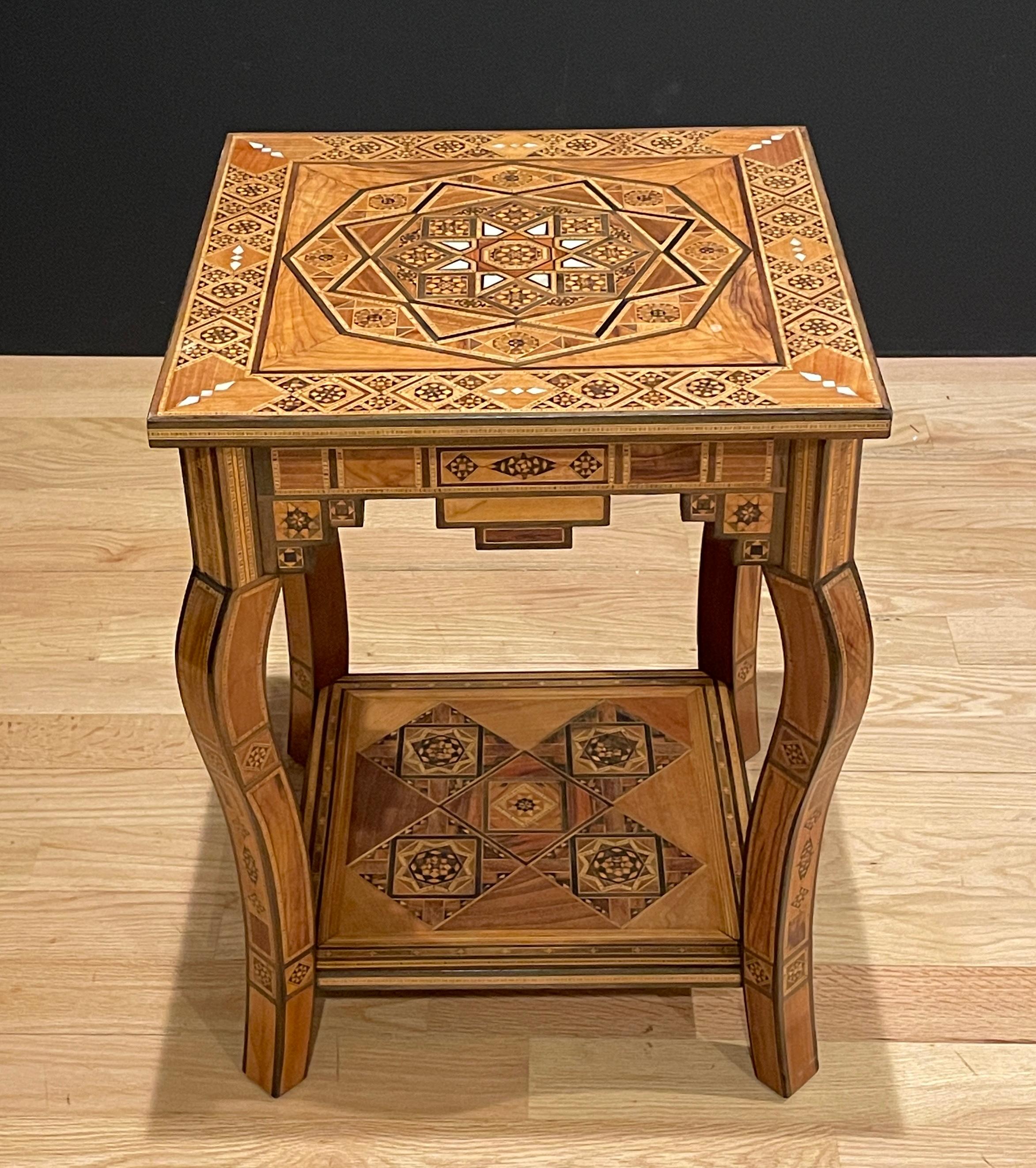 Specimen wood and mother of pearl Syrian/Turkish square side table with lower shelf.