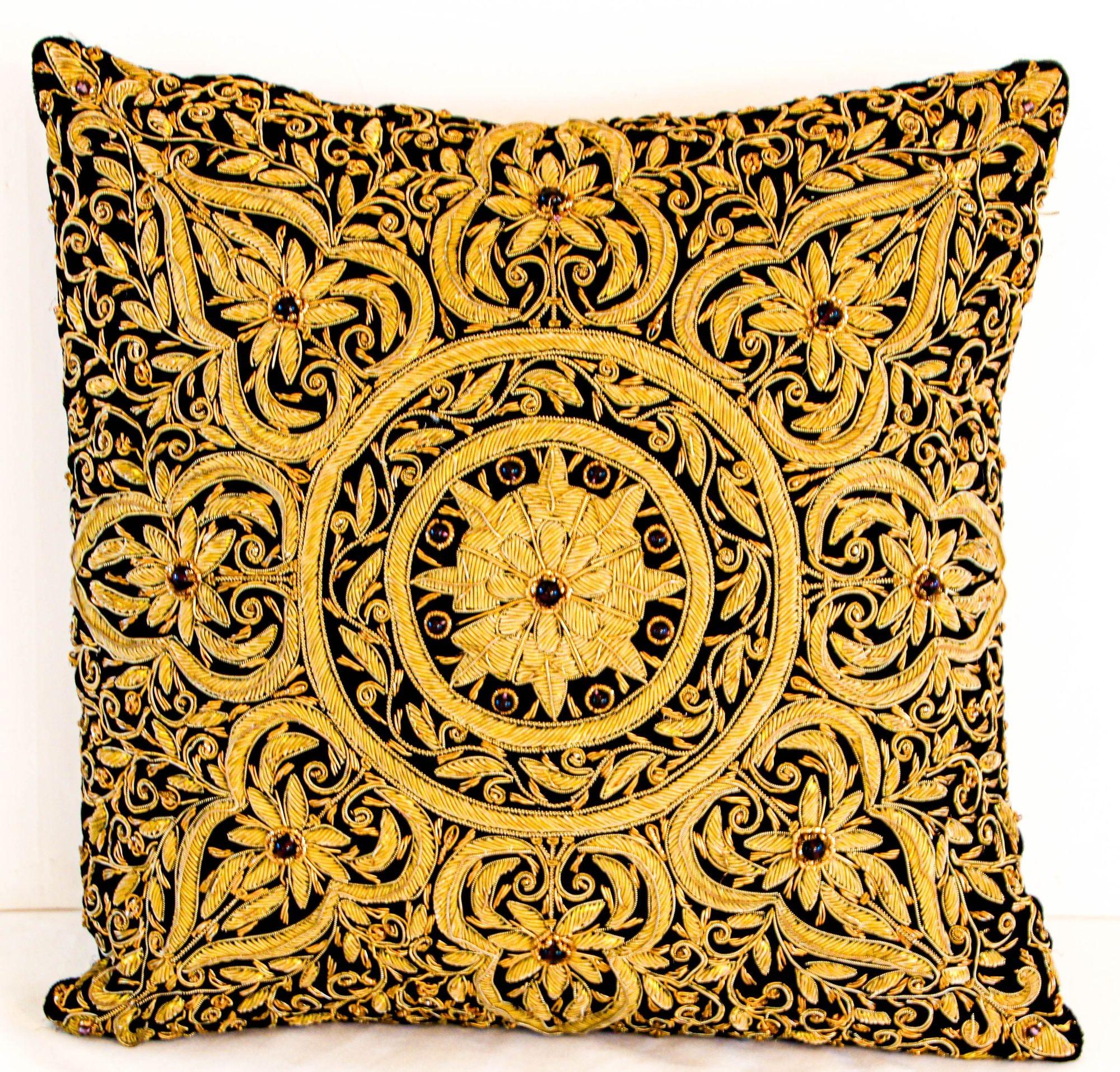 Moorish Mughal Style Throw Pillow with Raised Gold Metallic Thread