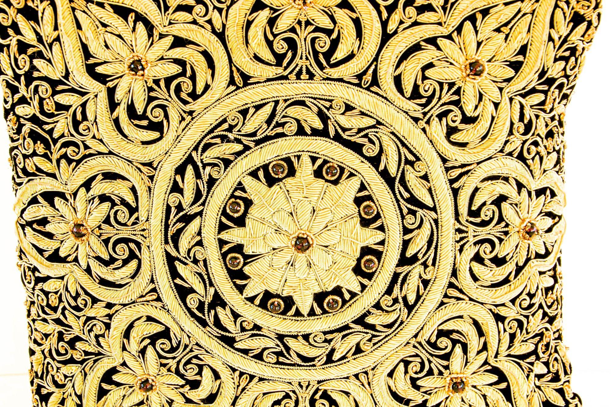 Moorish Mughal Style Throw Pillow with Raised Gold Metallic Thread