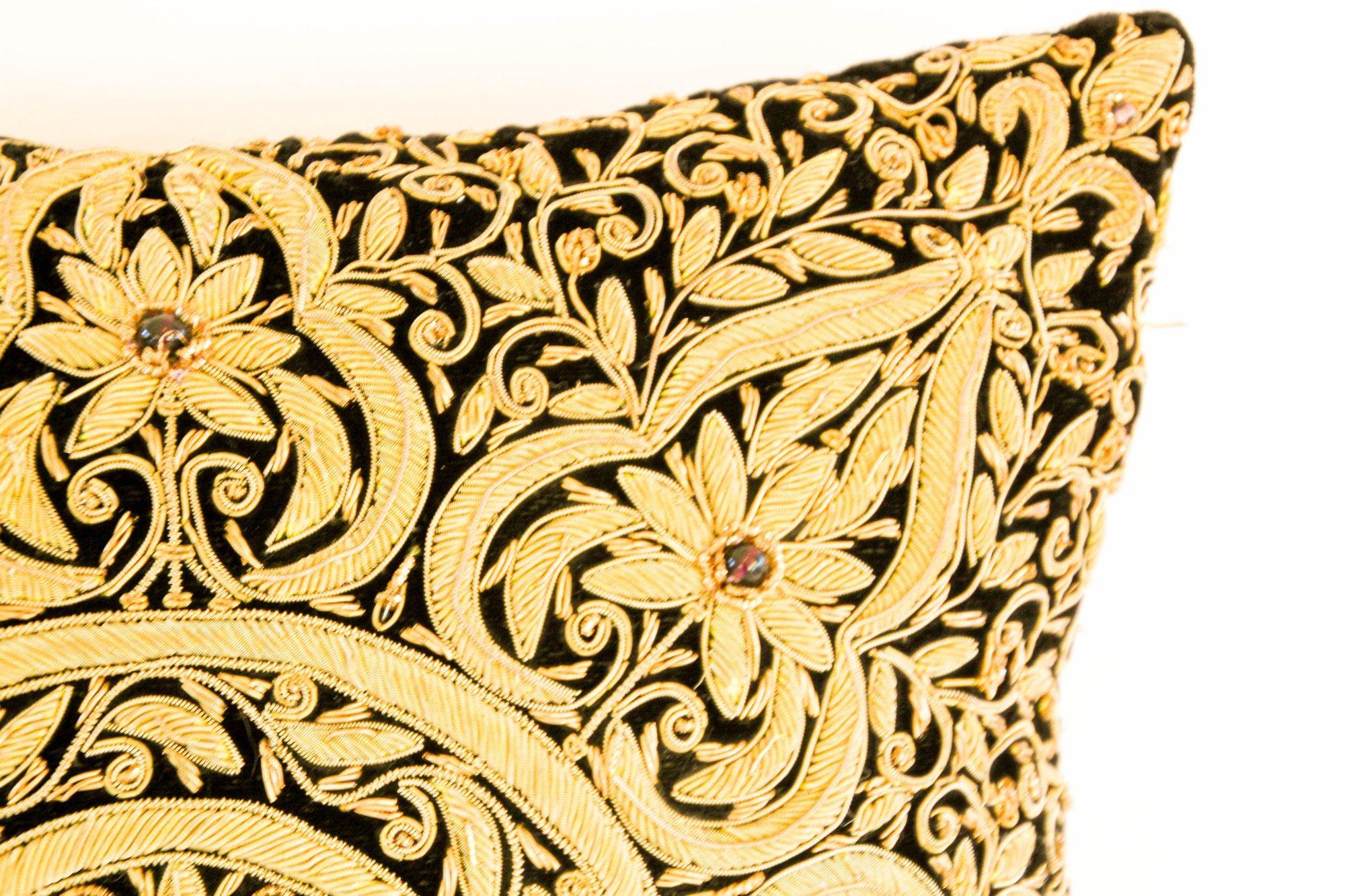 Moorish Mughal Style Throw Pillow with Raised Gold Metallic Thread