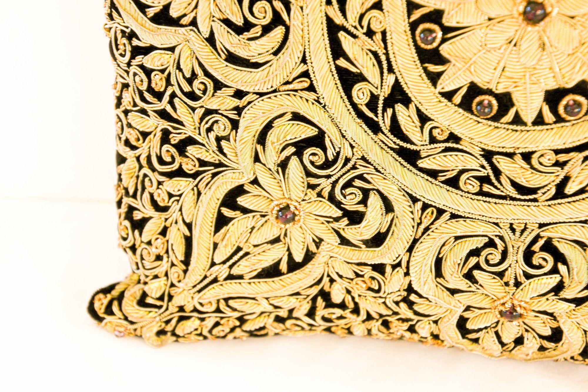 Moorish Mughal Style Throw Pillow with Raised Gold Metallic Thread