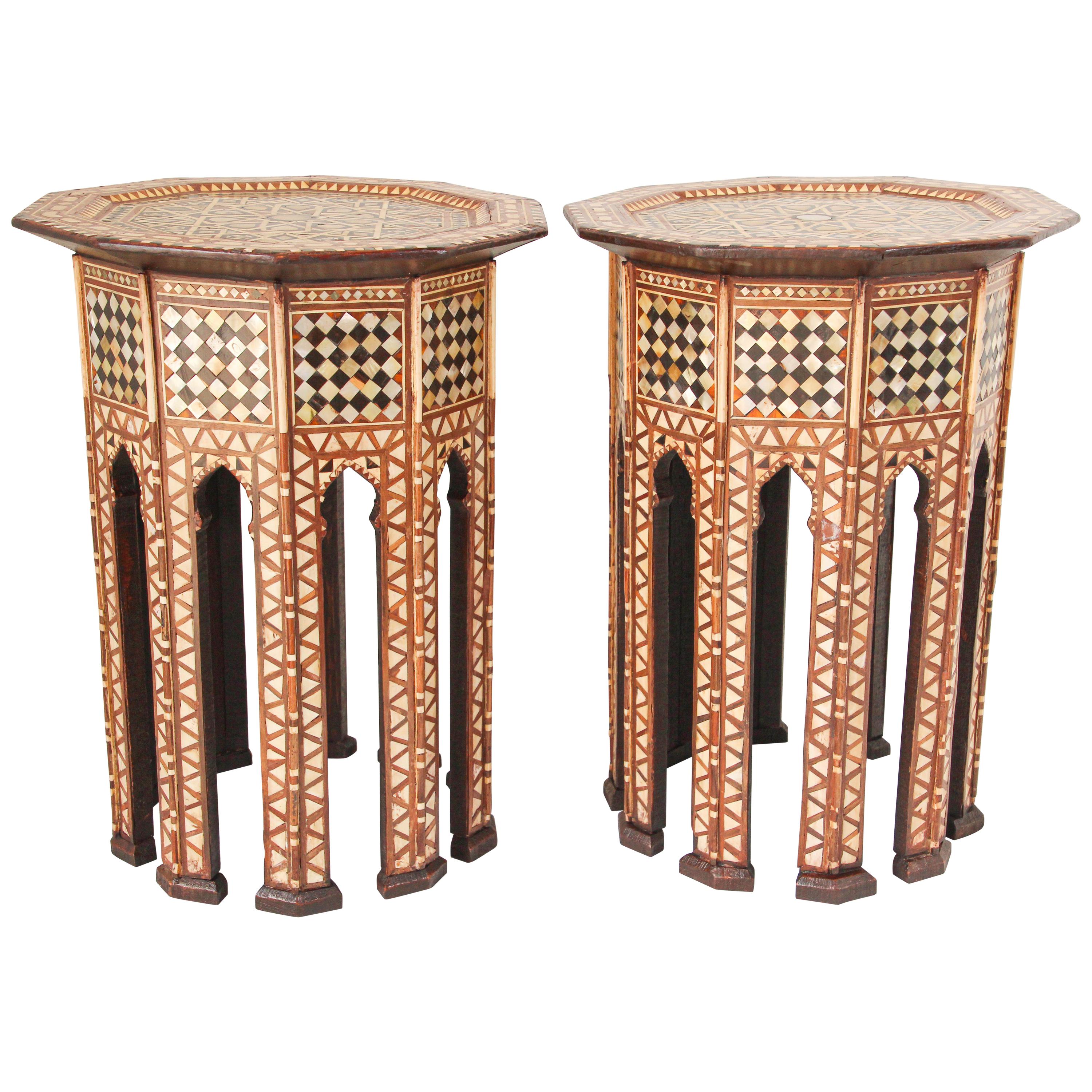 Turkish ottoman Moorish style walnut octagonal side tables inlaid with mosaic marquetry.
Middle Eastern Arabian Micro Mosaic side tables with Moorish arches on the eight sides,
Levantine pedestal tables finely inlaid and handcrafted by skilled