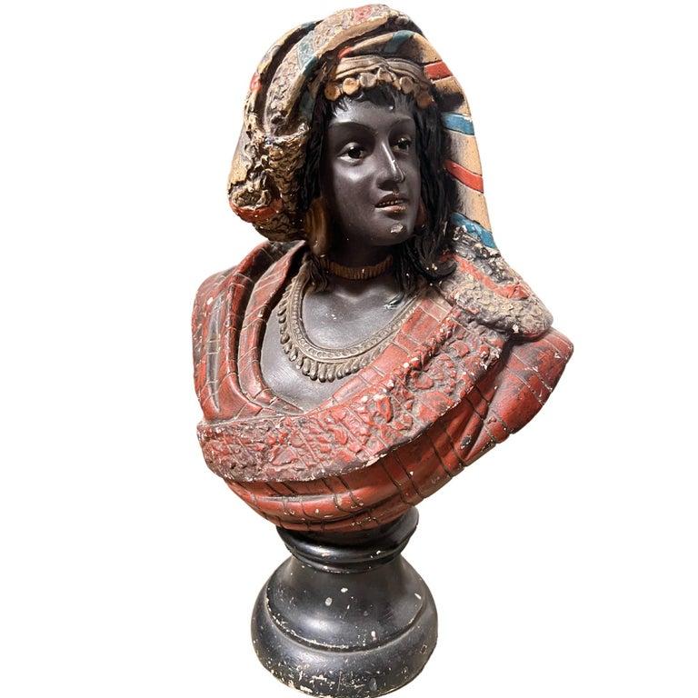 Moorish Pair of 19th Century French Busts Terracotta Polychrome In Distressed Condition For Sale In Dallas, TX