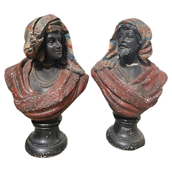 Moorish Pair of 19th Century French Busts Terracotta Polychrome